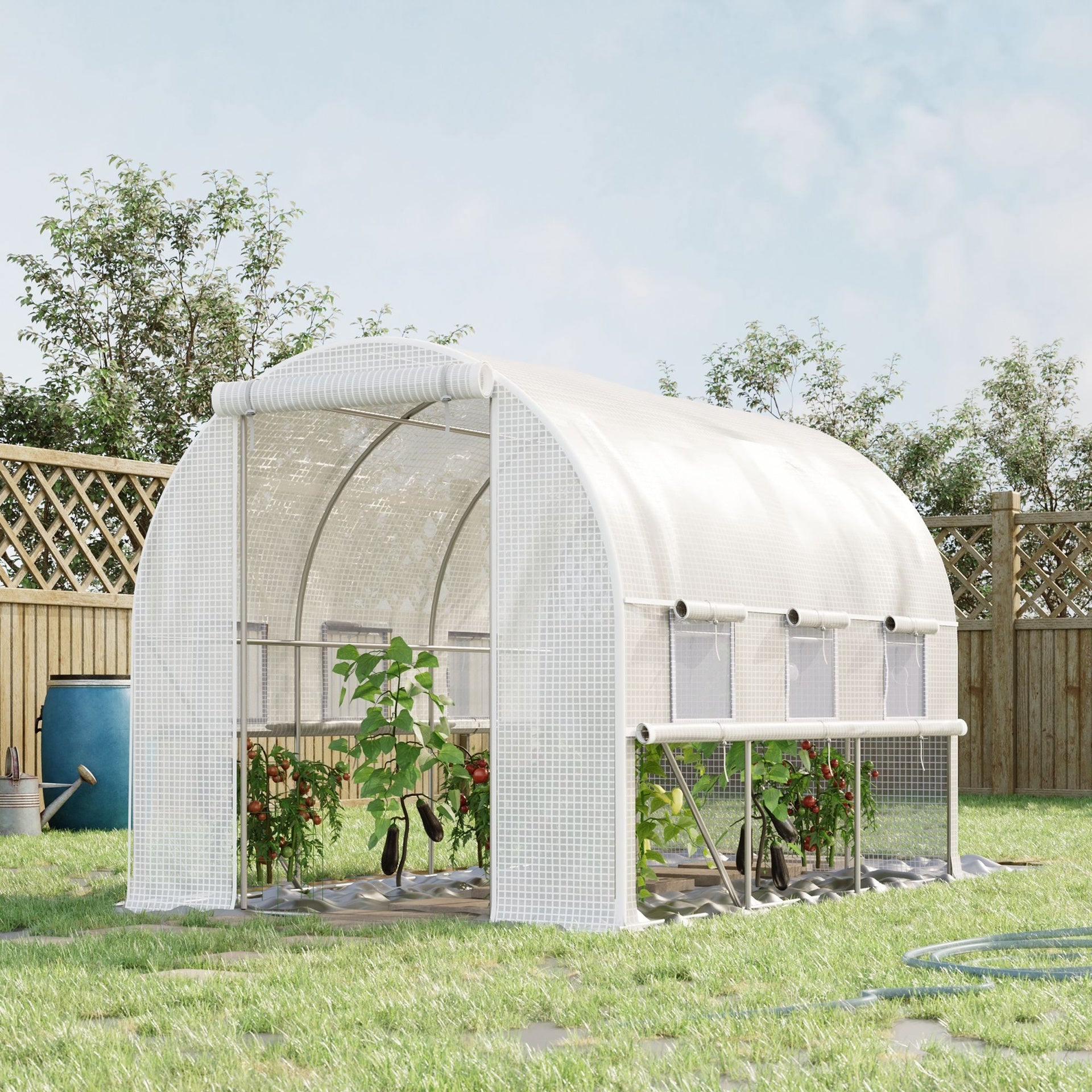 Outsunny 9.7' x 6.5' x 6.5' Walk-in Tunnel Greenhouse, Outdoor Green House with Anti-Tear PE Cover, Zipper Doors and Mesh Windows, White