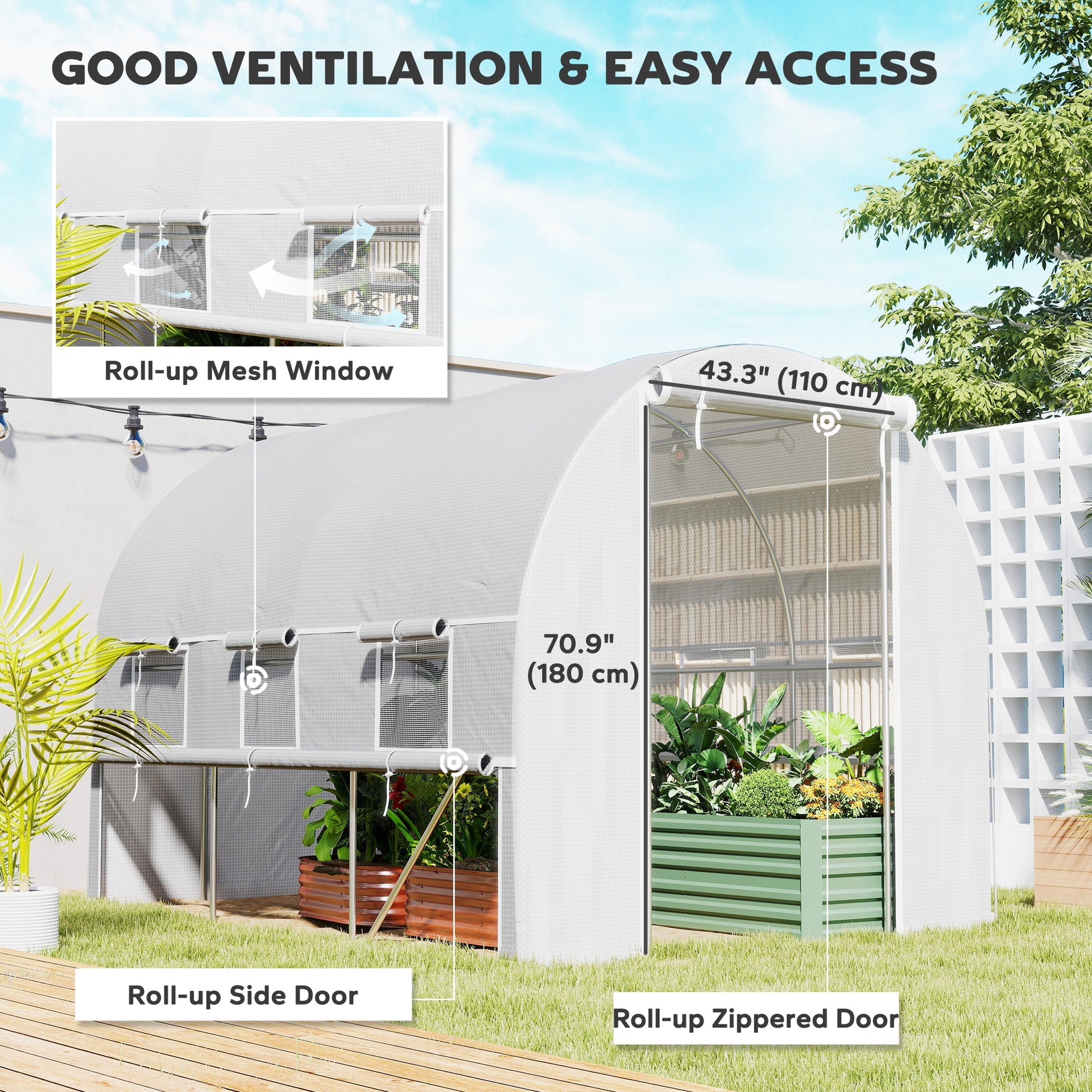 Outsunny 9.7' x 6.5' x 6.5' Walk-in Tunnel Greenhouse, Outdoor Green House with Anti-Tear PE Cover, Zipper Doors and Mesh Windows, White