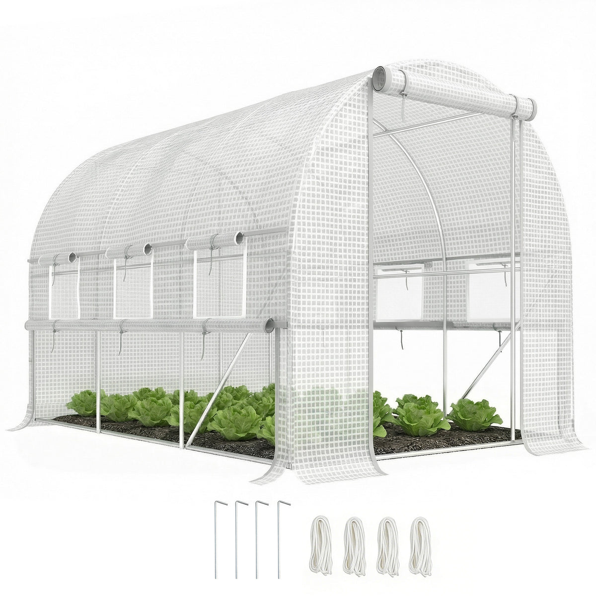 Outsunny 9.7' x 6.5' x 6.5' Walk-in Tunnel Greenhouse, Outdoor Green House with Anti-Tear PE Cover, Zipper Doors and Mesh Windows, White