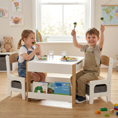 Qaba 3pc Kids Table and Chair Set with Reversible Tabletop Blackboard, Storage & Bookshelves, Natural