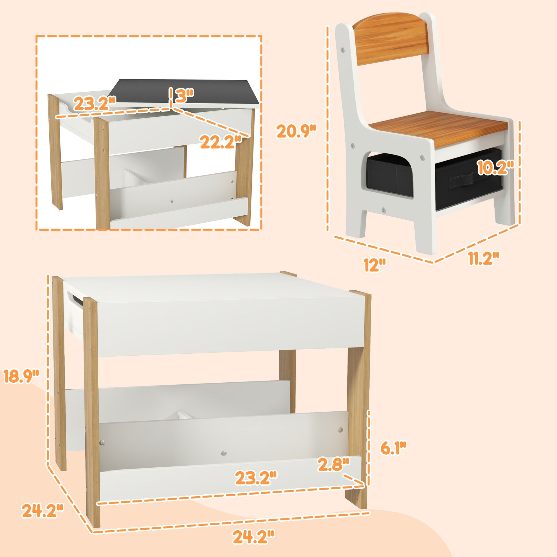 Qaba 3pc Kids Table and Chair Set with Reversible Tabletop Blackboard, Storage & Bookshelves, Natural