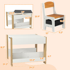 Qaba 3pc Kids Table and Chair Set with Reversible Tabletop Blackboard, Storage & Bookshelves, Natural