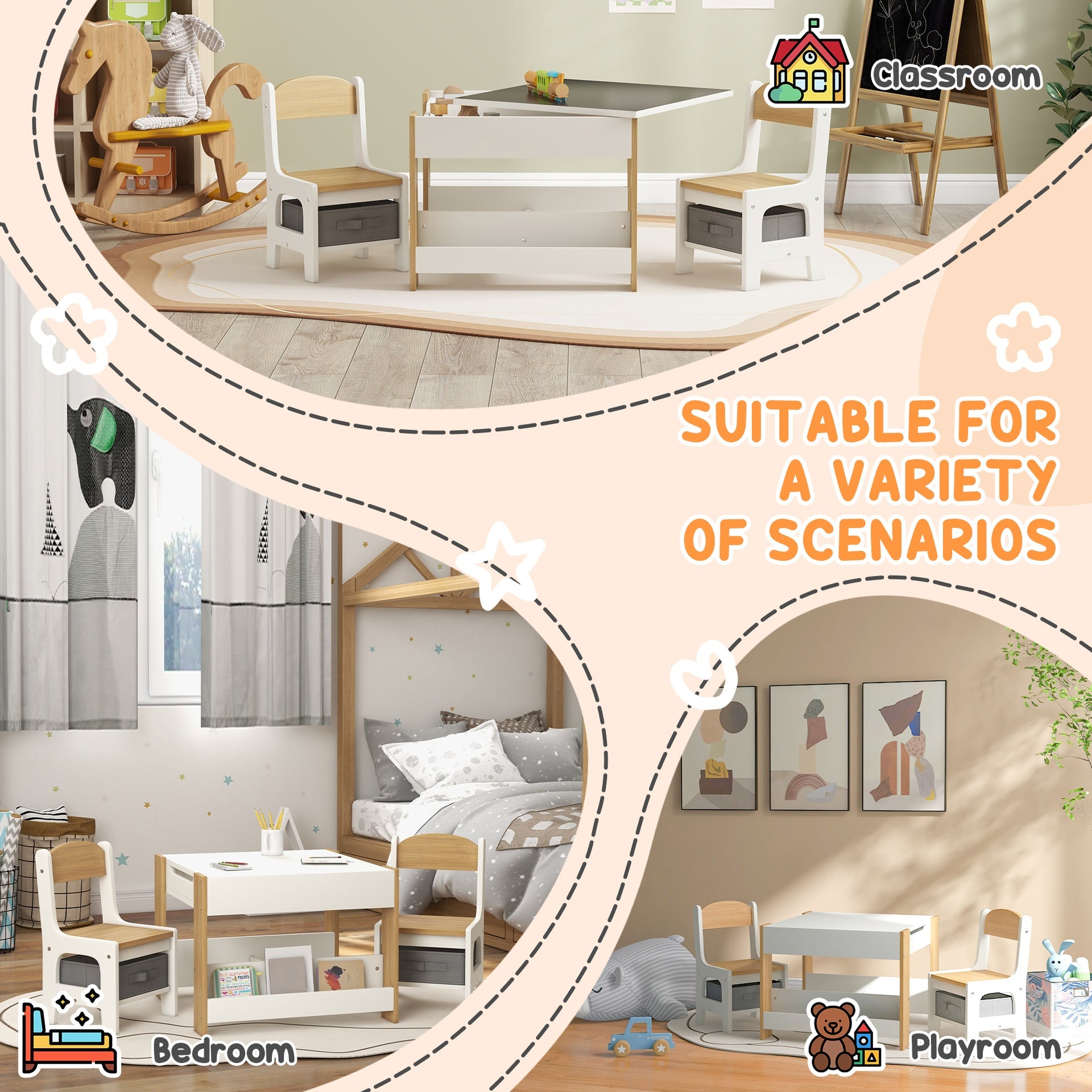 Qaba 3pc Kids Table and Chair Set with Reversible Tabletop Blackboard, Storage & Bookshelves, Natural