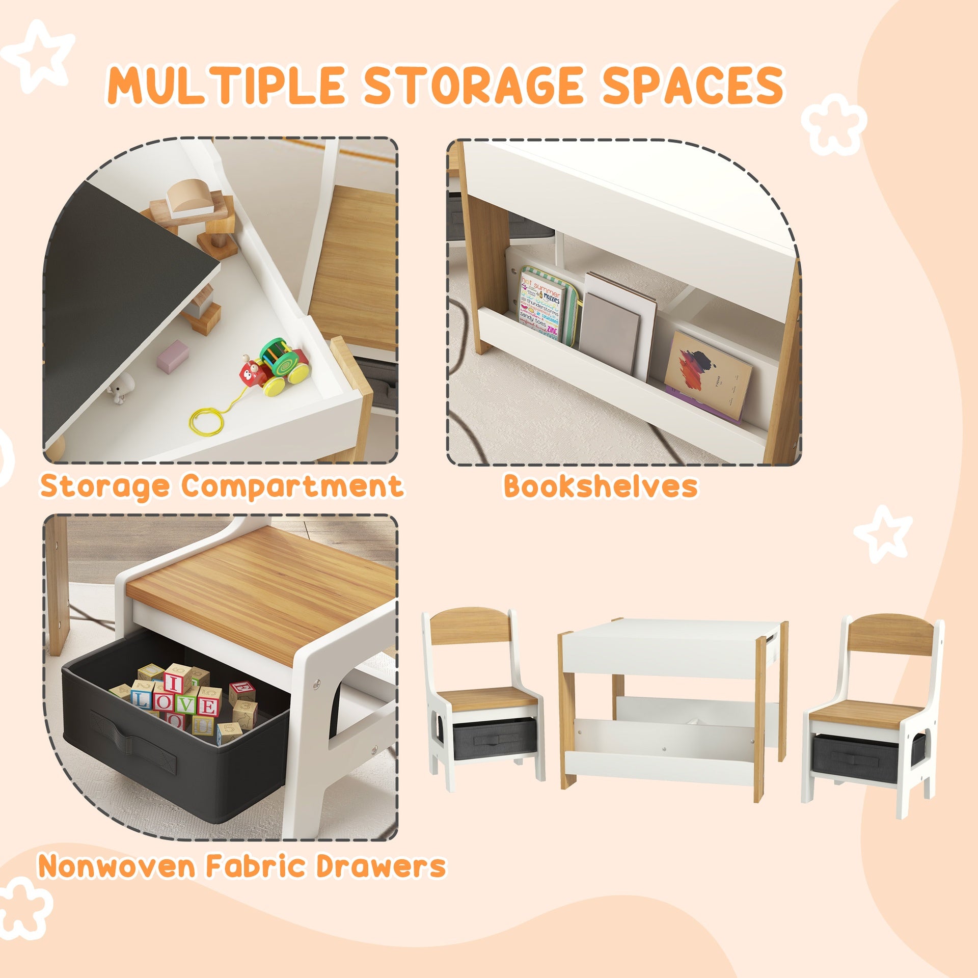 Qaba 3pc Kids Table and Chair Set with Reversible Tabletop Blackboard, Storage & Bookshelves, Natural