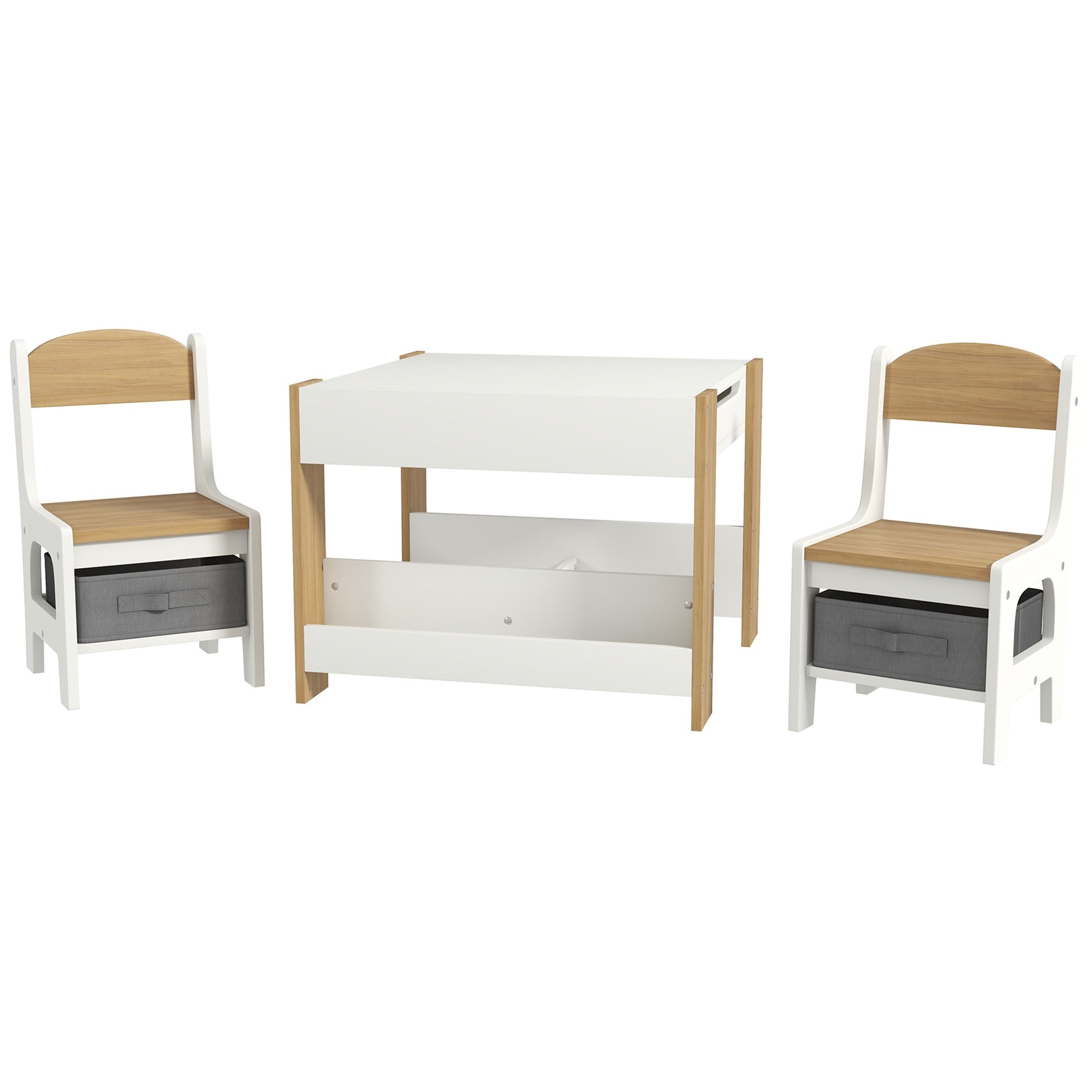 Qaba 3pc Kids Table and Chair Set with Reversible Tabletop Blackboard, Storage & Bookshelves, Natural