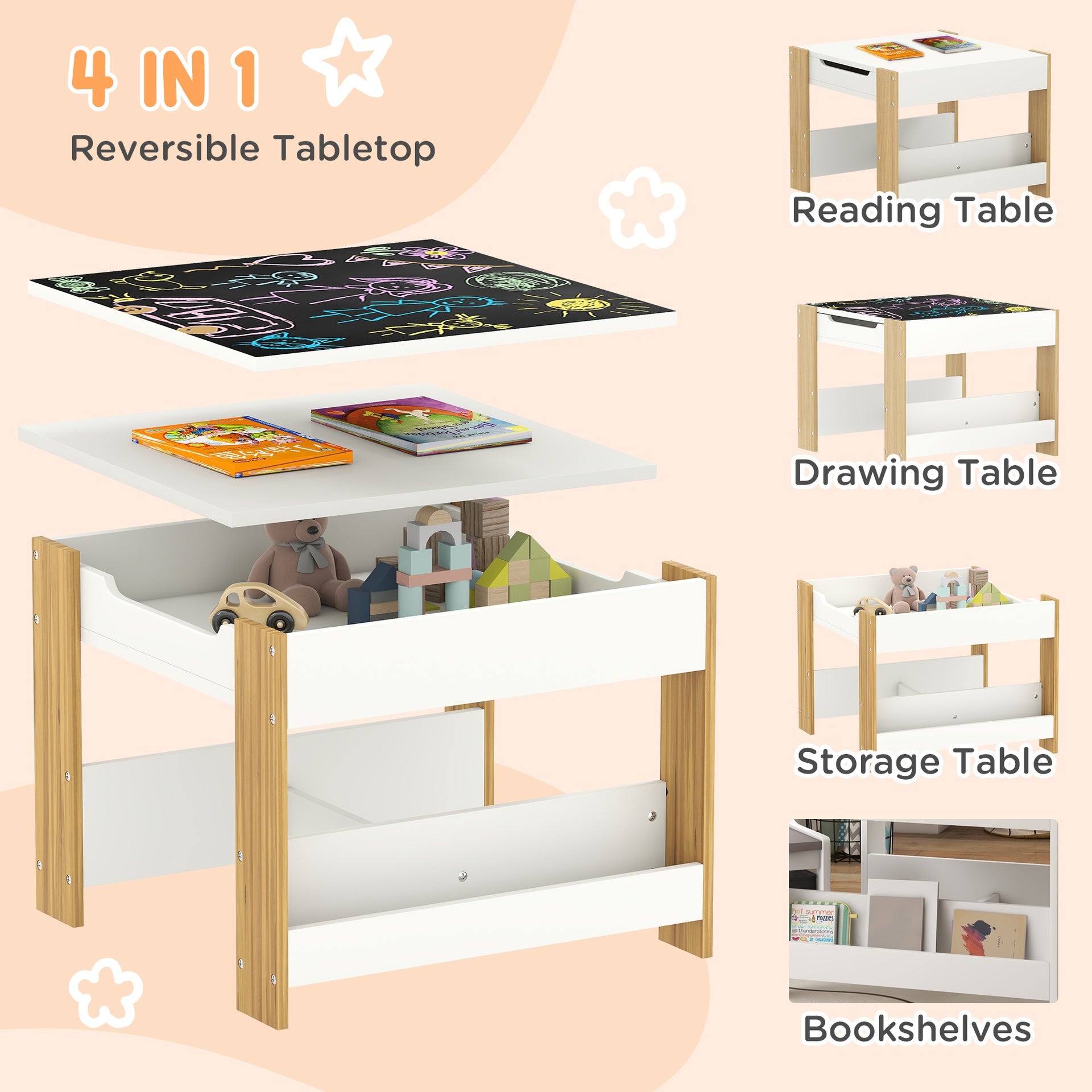 Qaba 3pc Kids Table and Chair Set with Reversible Tabletop Blackboard, Storage & Bookshelves, Natural