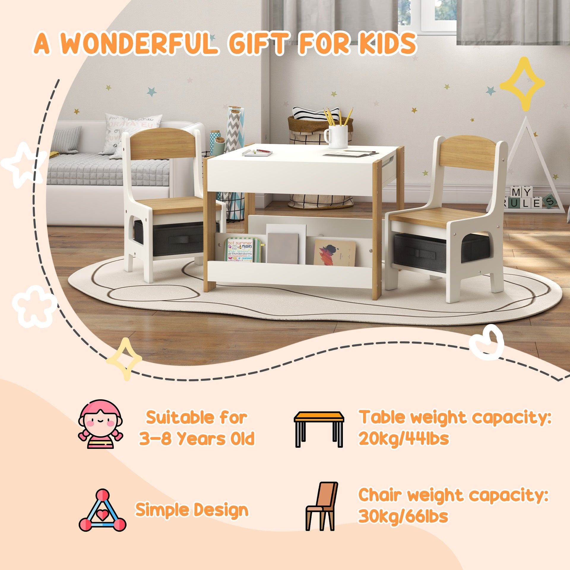 Qaba 3pc Kids Table and Chair Set with Reversible Tabletop Blackboard, Storage & Bookshelves, Natural