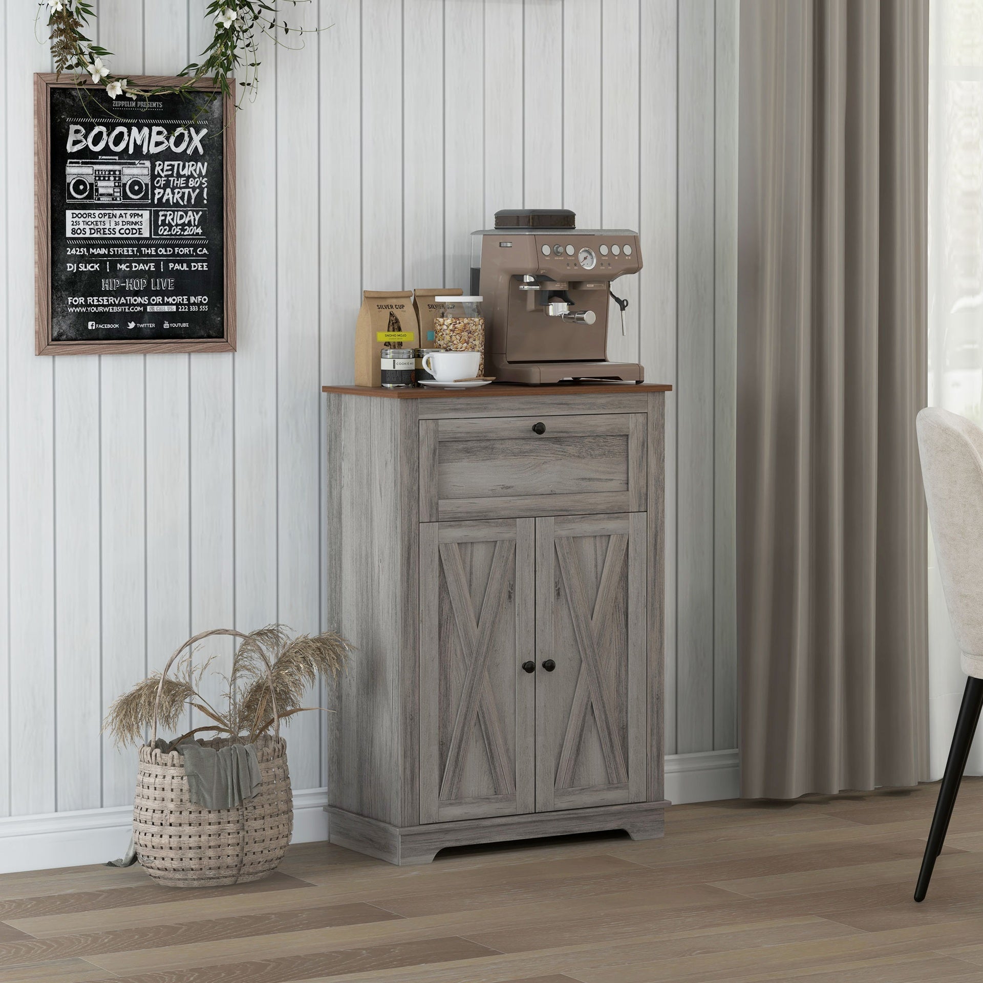 HOMCOM Farmhouse Sideboard Storage Cabinet with Doors and Drawer for Kitchen, Living room, 23.5"x11.75"x34.5", Gray