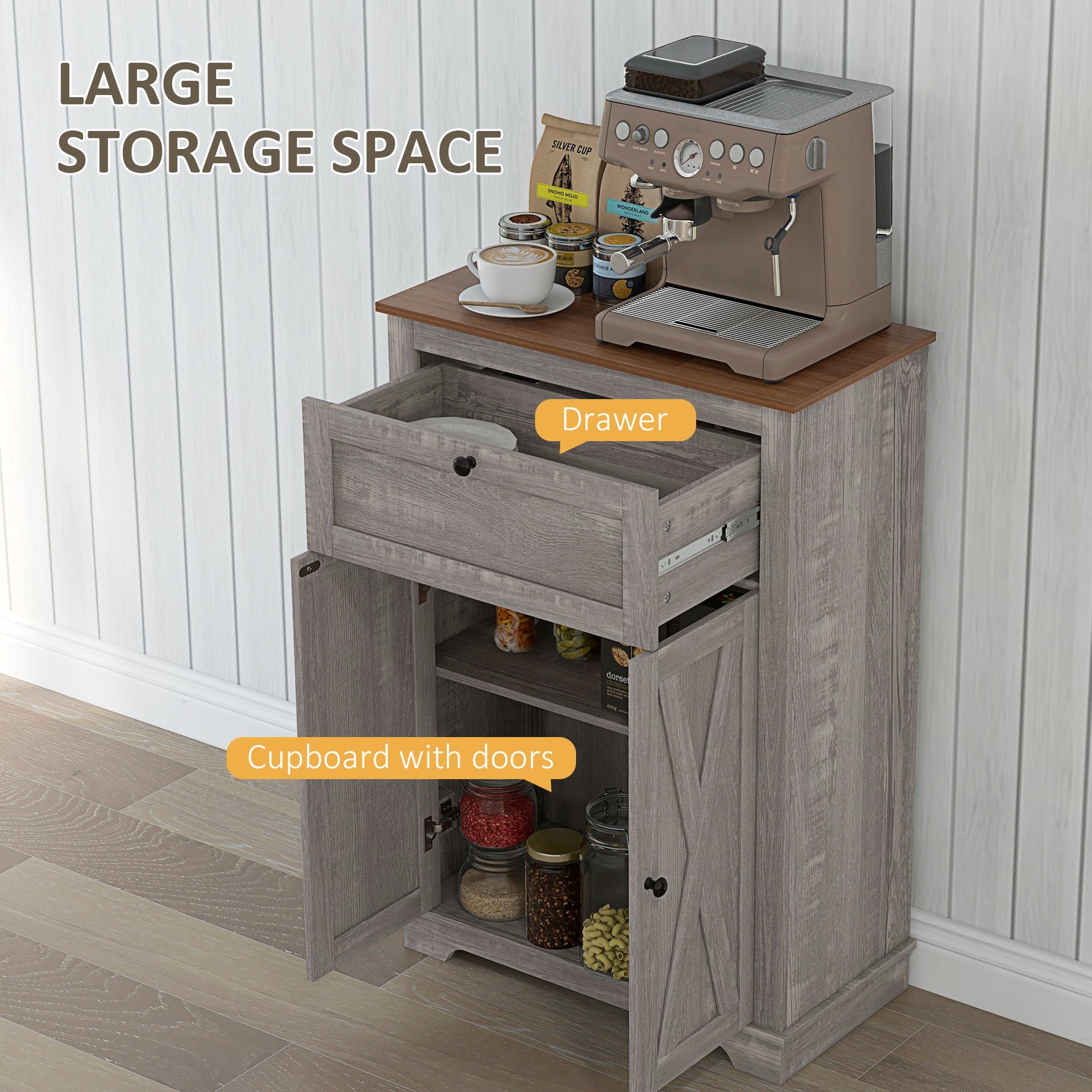 HOMCOM Farmhouse Sideboard Storage Cabinet with Doors and Drawer for Kitchen, Living room, 23.5"x11.75"x34.5", Gray