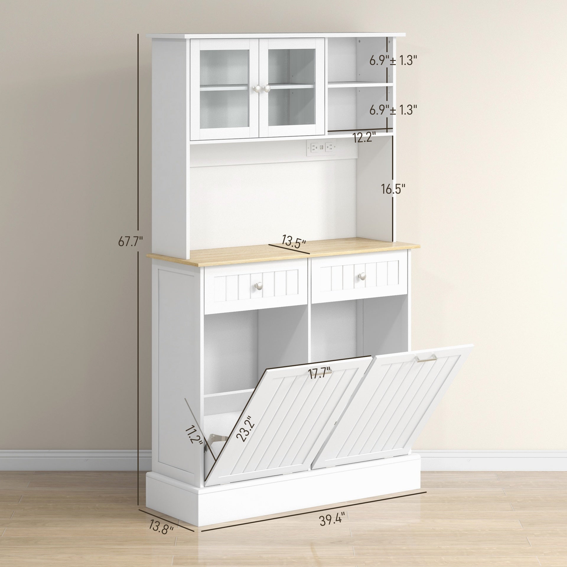 HOMCOM Kitchen Cabinet with Charging Station, 2 Tilt Out Cabinets, Microwave Stand, Freestanding Kitchen Pantry Cabinet, White