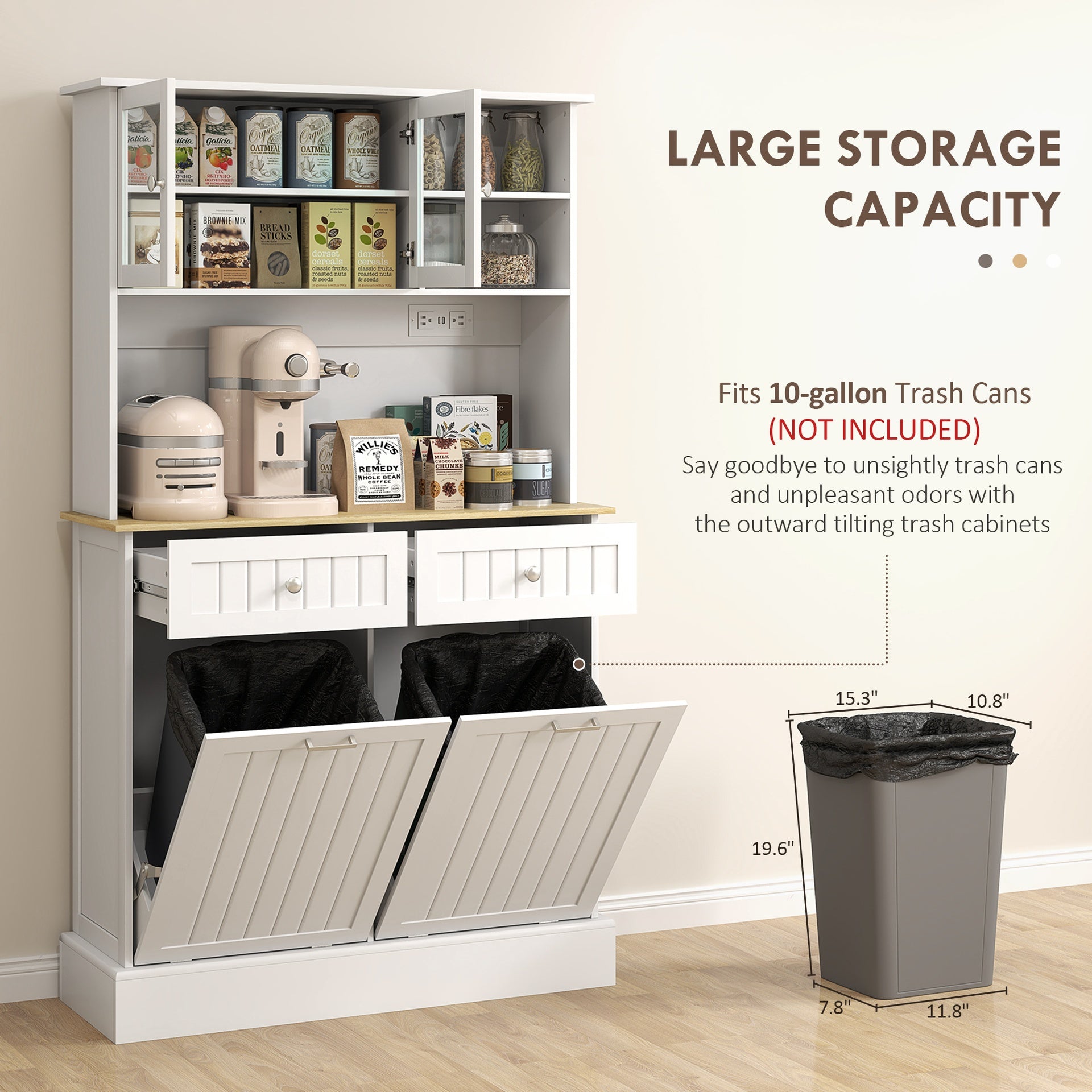 HOMCOM Kitchen Cabinet with Charging Station, 2 Tilt Out Cabinets, Microwave Stand, Freestanding Kitchen Pantry Cabinet, White