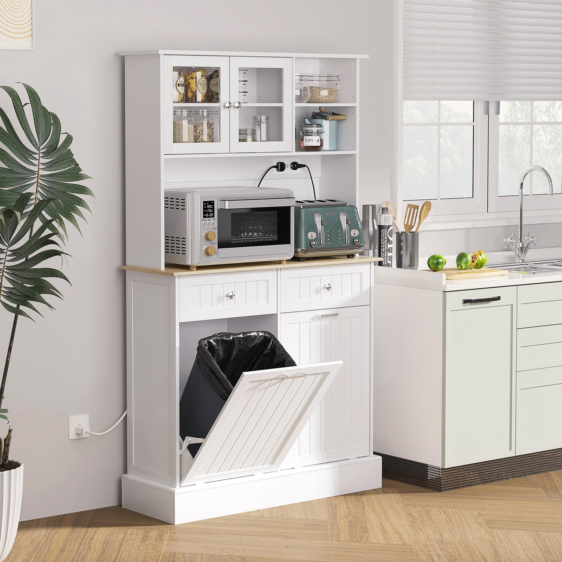 HOMCOM Kitchen Cabinet with Charging Station, 2 Tilt Out Cabinets, Microwave Stand, Freestanding Kitchen Pantry Cabinet, White