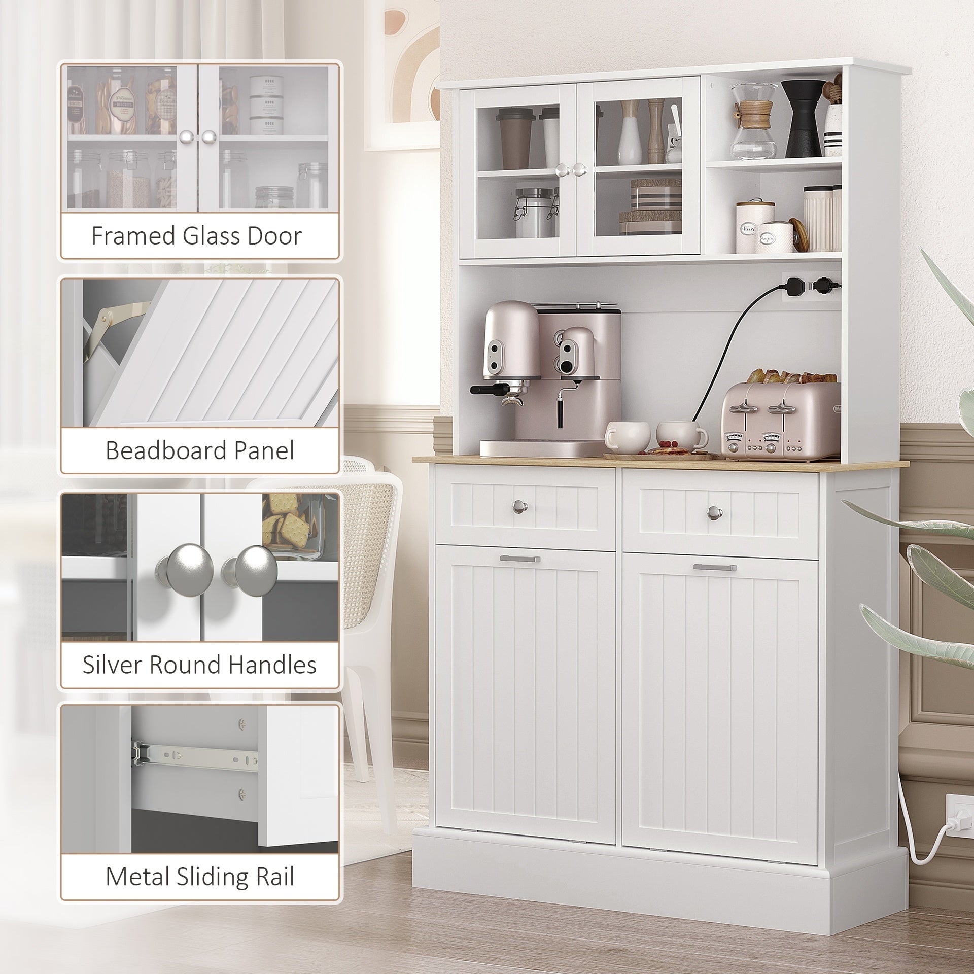 HOMCOM Kitchen Cabinet with Charging Station, 2 Tilt Out Cabinets, Microwave Stand, Freestanding Kitchen Pantry Cabinet, White