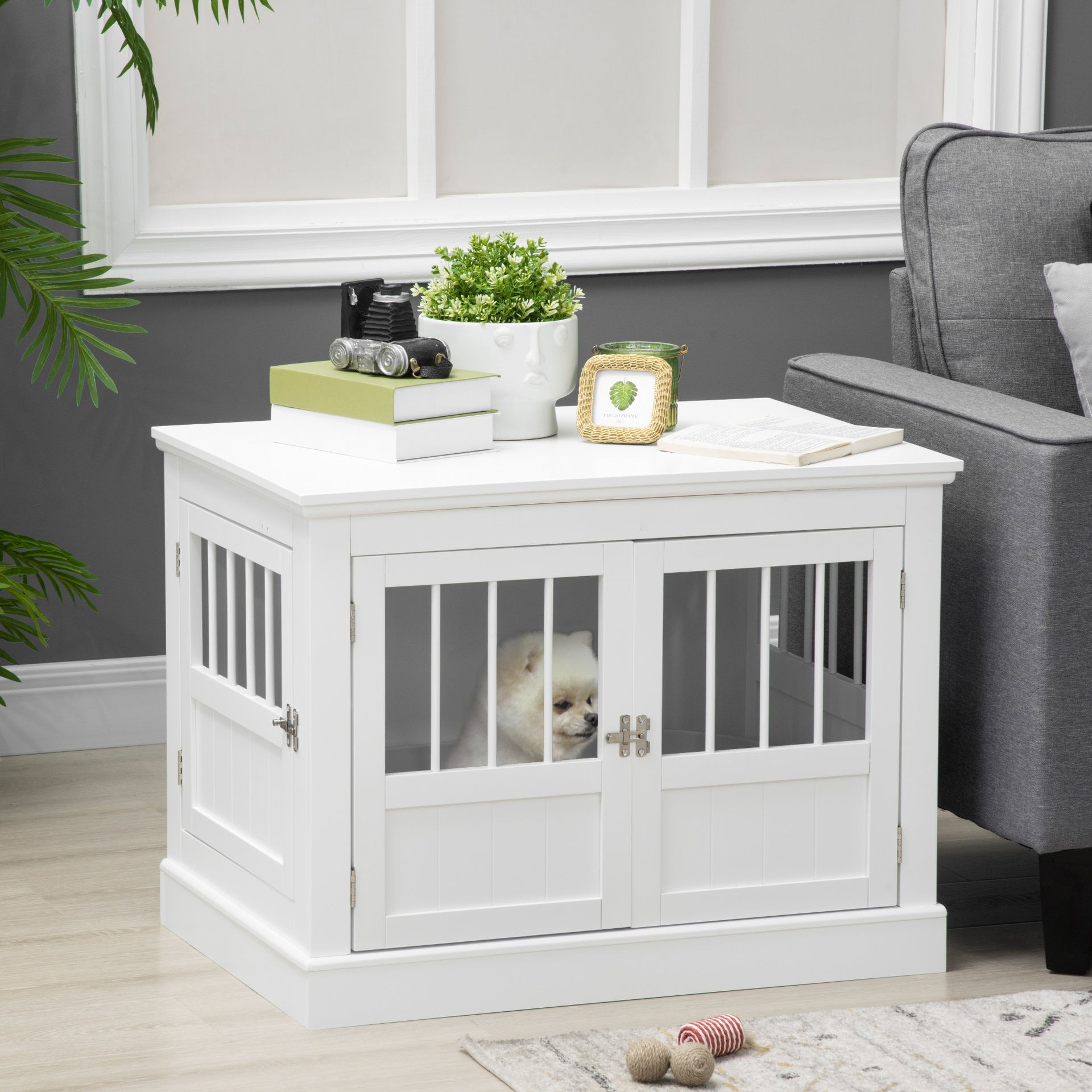 PawHut Wooden Dog Crate End Table, Dog Crate Furniture with Triple Doors, Puppy Crate for Small Dogs Indoor Use, White