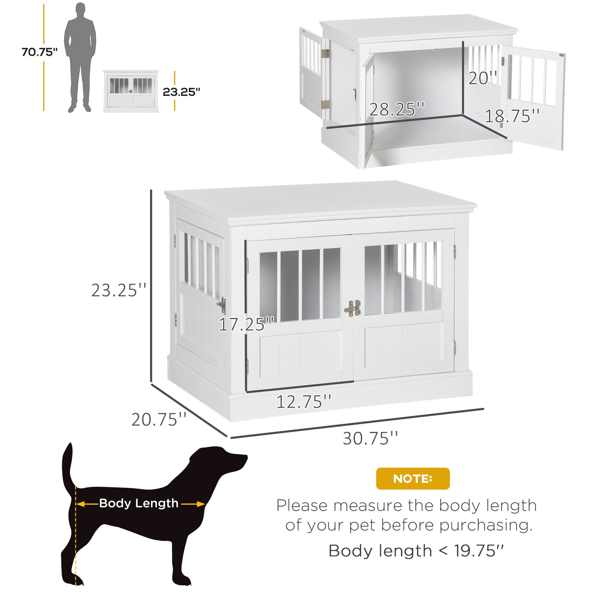 PawHut Wooden Dog Crate End Table, Dog Crate Furniture with Triple Doors, Puppy Crate for Small Dogs Indoor Use, White