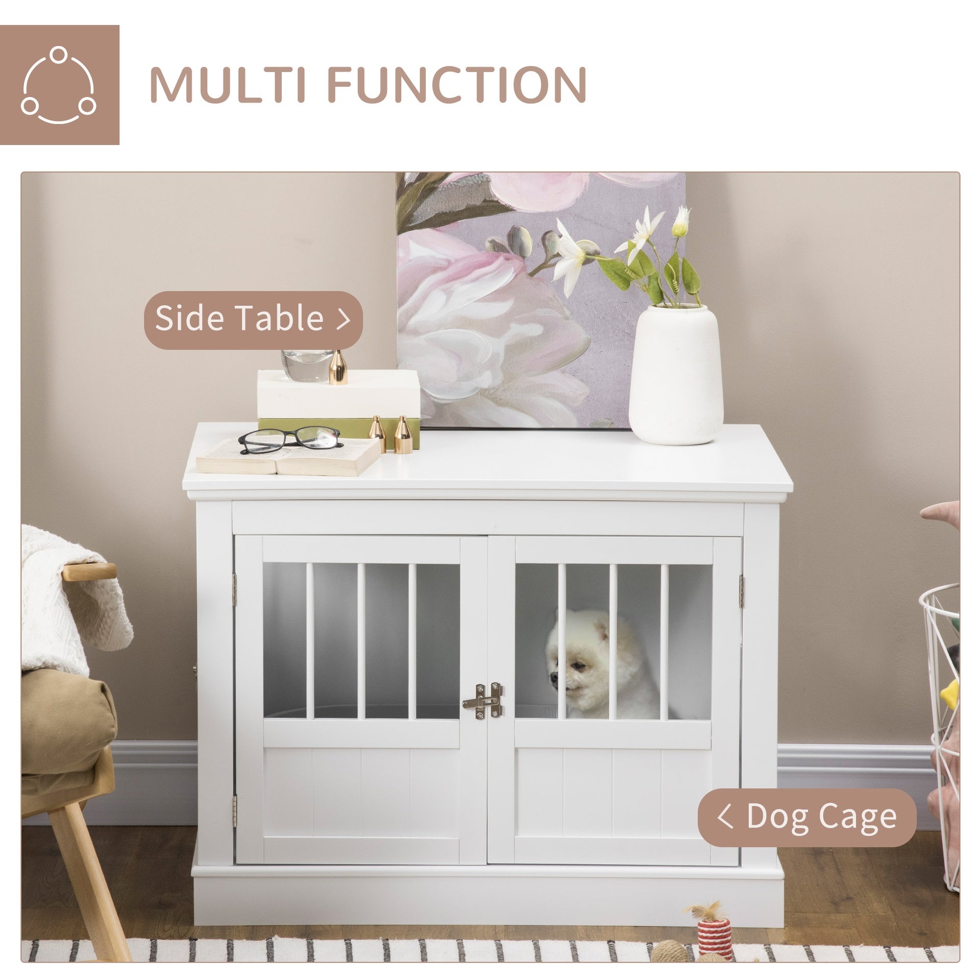 PawHut Wooden Dog Crate End Table, Dog Crate Furniture with Triple Doors, Puppy Crate for Small Dogs Indoor Use, White