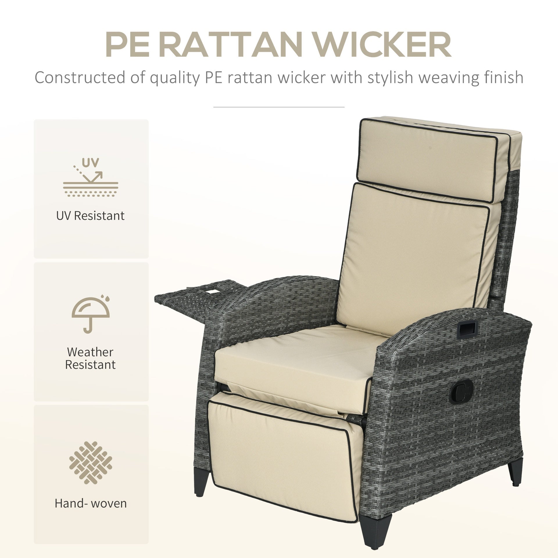 Outsunny Outdoor Recliner Chair with Cushions, Reclining Patio Lounge Chair with Adjustable Footrest, Armrests, Tray Table, Khaki