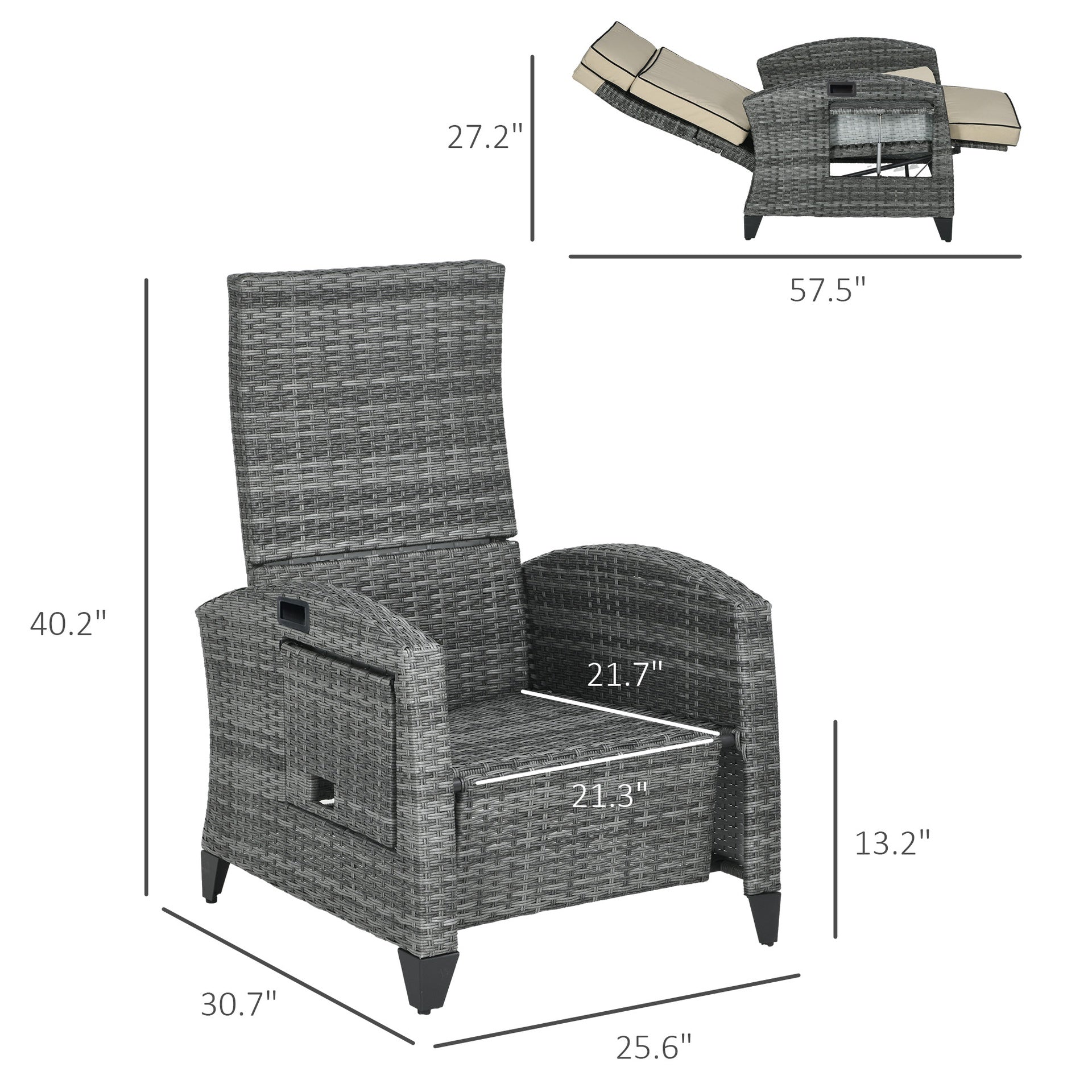 Outsunny Outdoor Recliner Chair with Cushions, Reclining Patio Lounge Chair with Adjustable Footrest, Armrests, Tray Table, Khaki