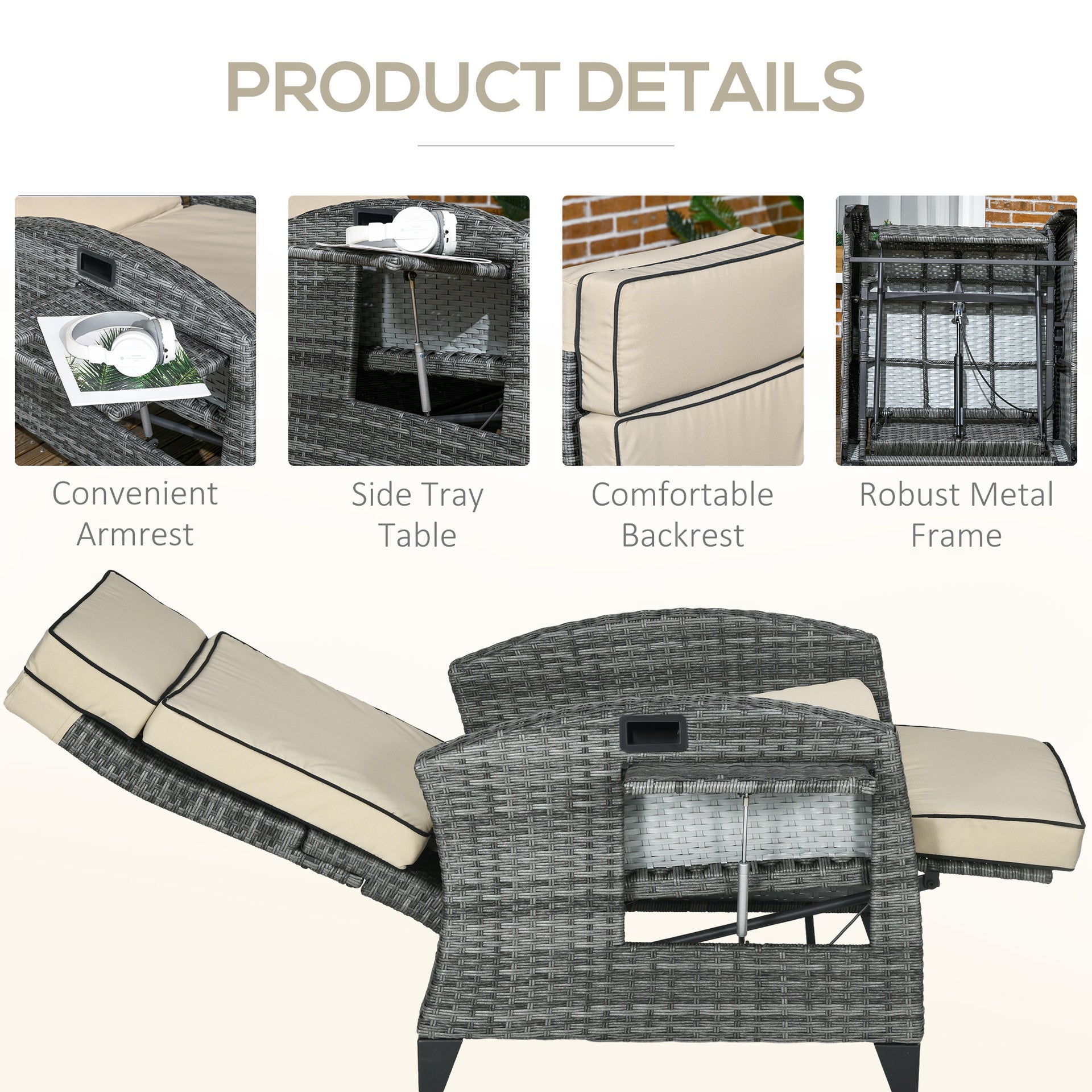 Outsunny Outdoor Recliner Chair with Cushions, Reclining Patio Lounge Chair with Adjustable Footrest, Armrests, Tray Table, Khaki