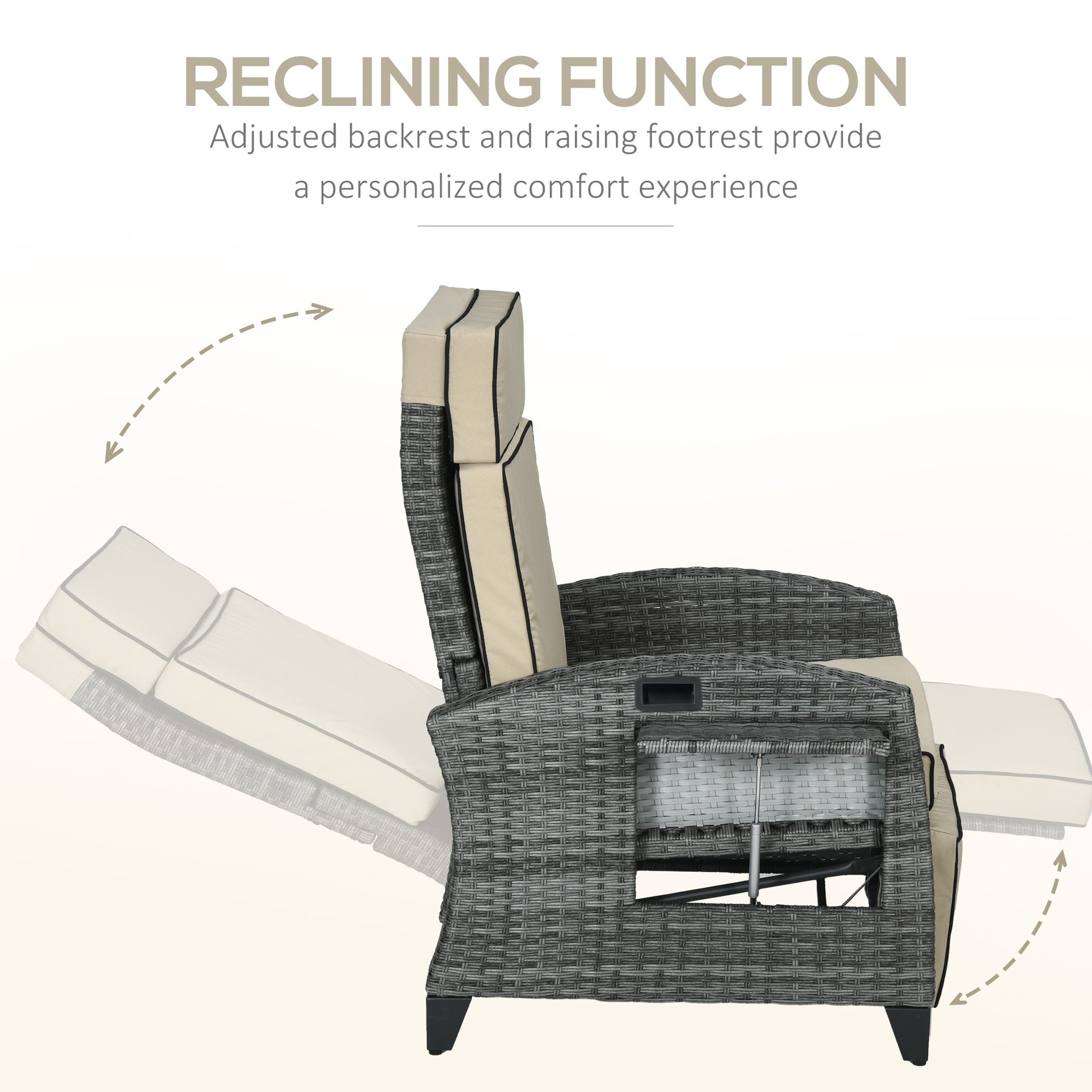 Outsunny Outdoor Recliner Chair with Cushions, Reclining Patio Lounge Chair with Adjustable Footrest, Armrests, Tray Table, Khaki