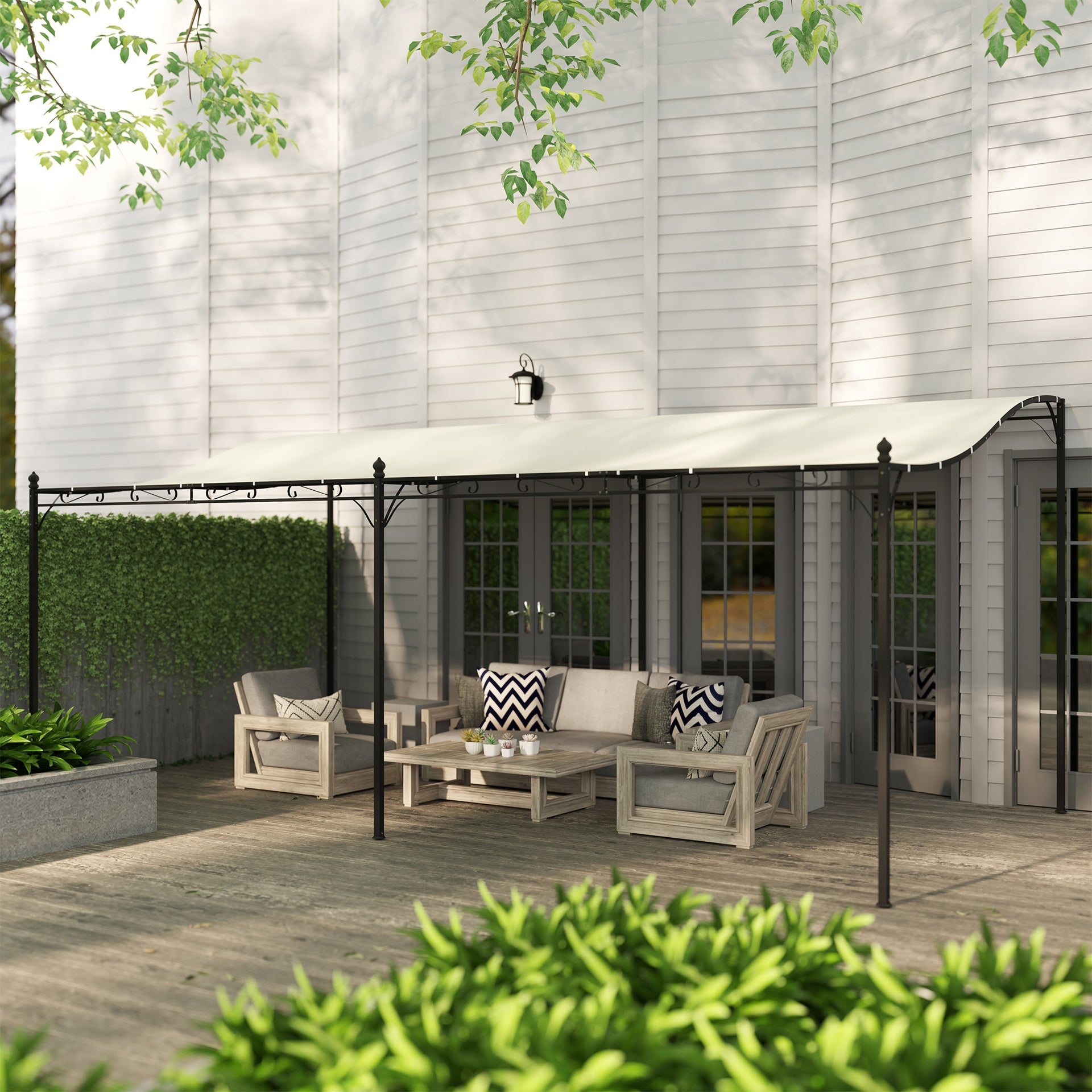 Outsunny 10' x 20' Wall-Mounted Outdoor Pergola Canopy, Metal Patio Canopy with Drainage Holes for Backyard Garden, Cream White