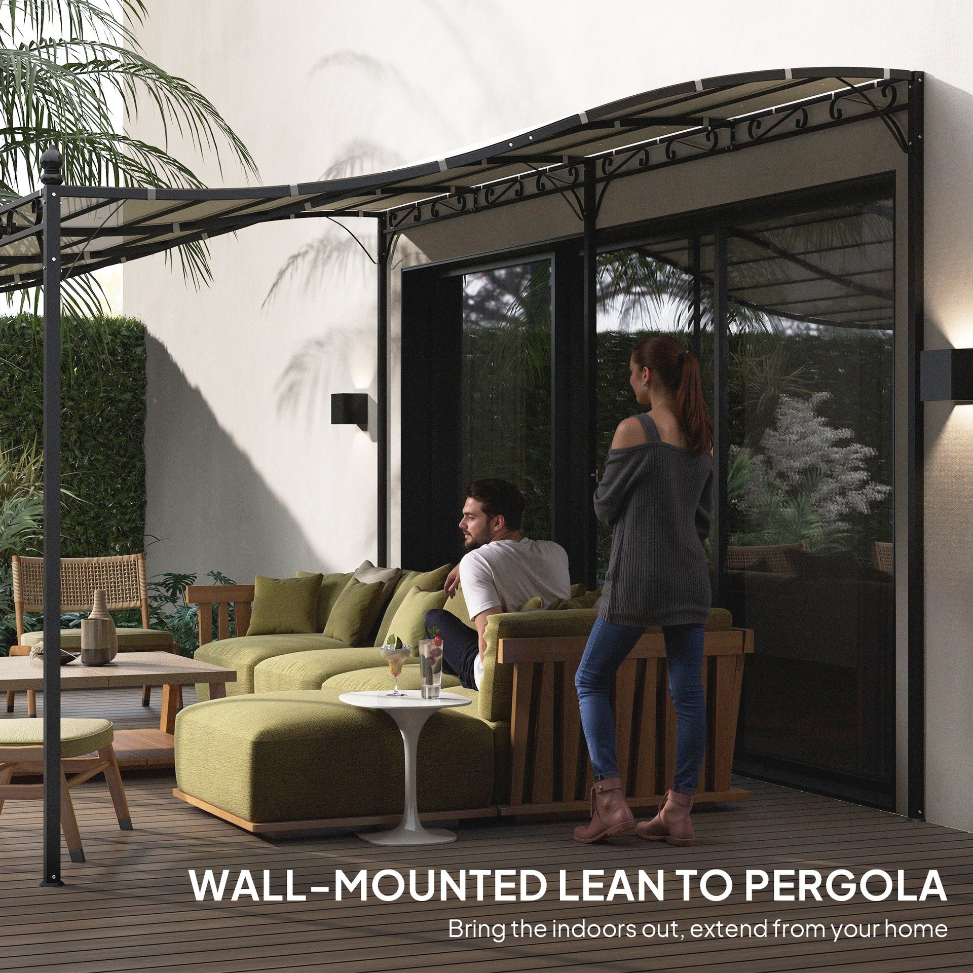 Outsunny 10' x 20' Wall-Mounted Outdoor Pergola Canopy, Metal Patio Canopy with Drainage Holes for Backyard Garden, Cream White