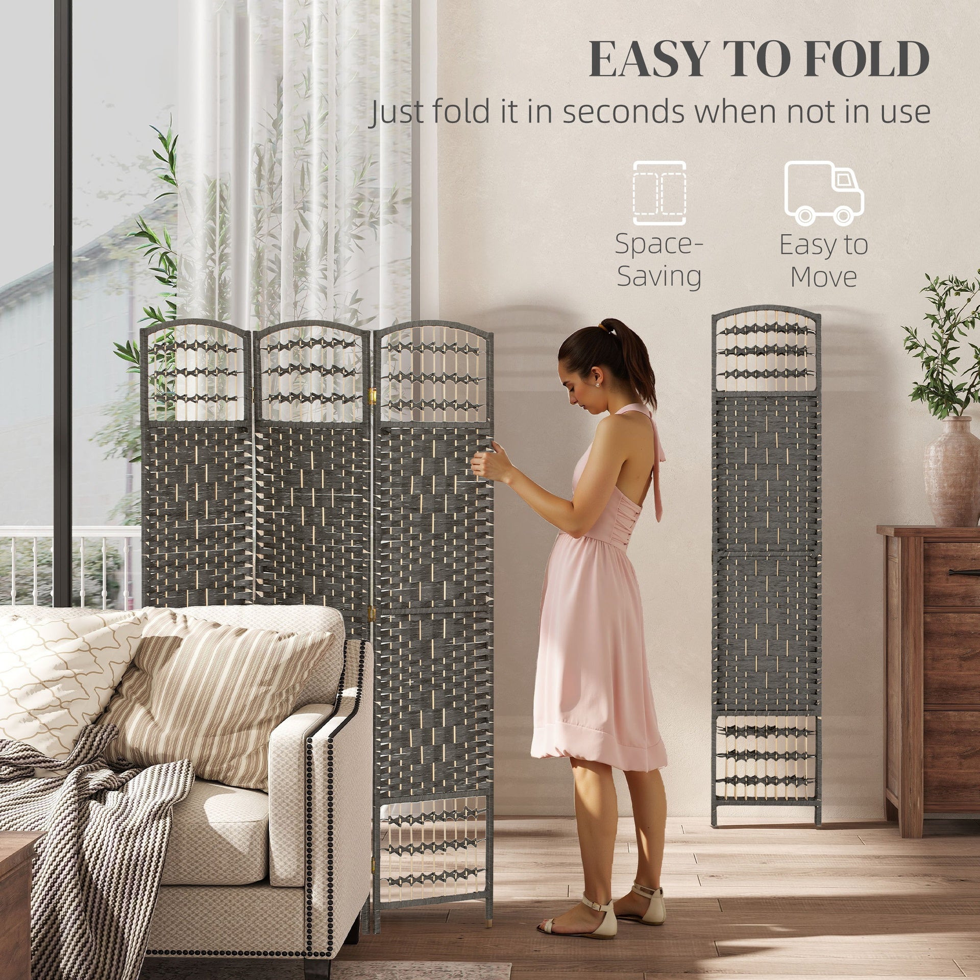 HOMCOM 3 Panel Folding Room Divider Portable Privacy Screen Wave Fiber Room Partition for Home Office Dark Gray