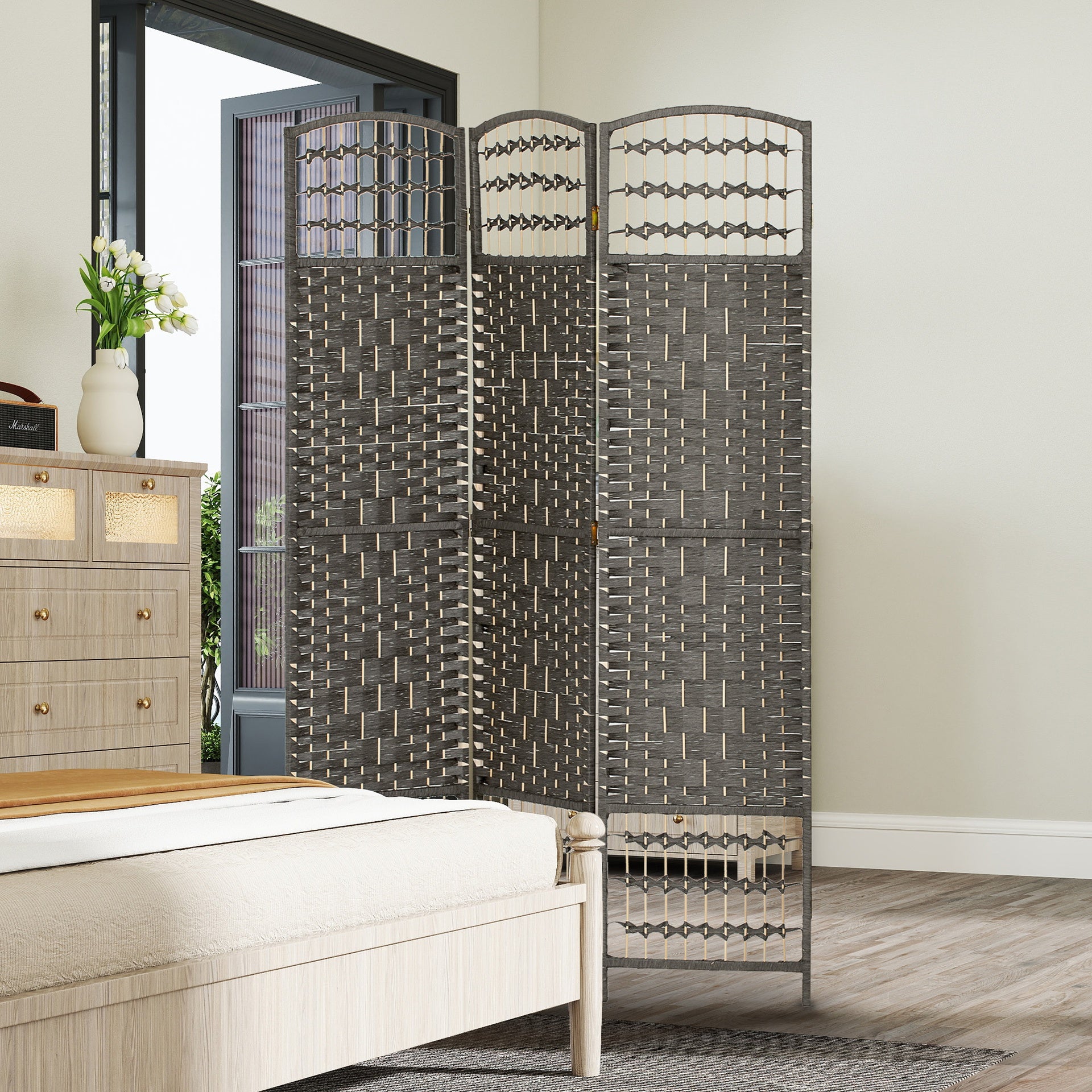 HOMCOM 3 Panel Folding Room Divider Portable Privacy Screen Wave Fiber Room Partition for Home Office Dark Gray