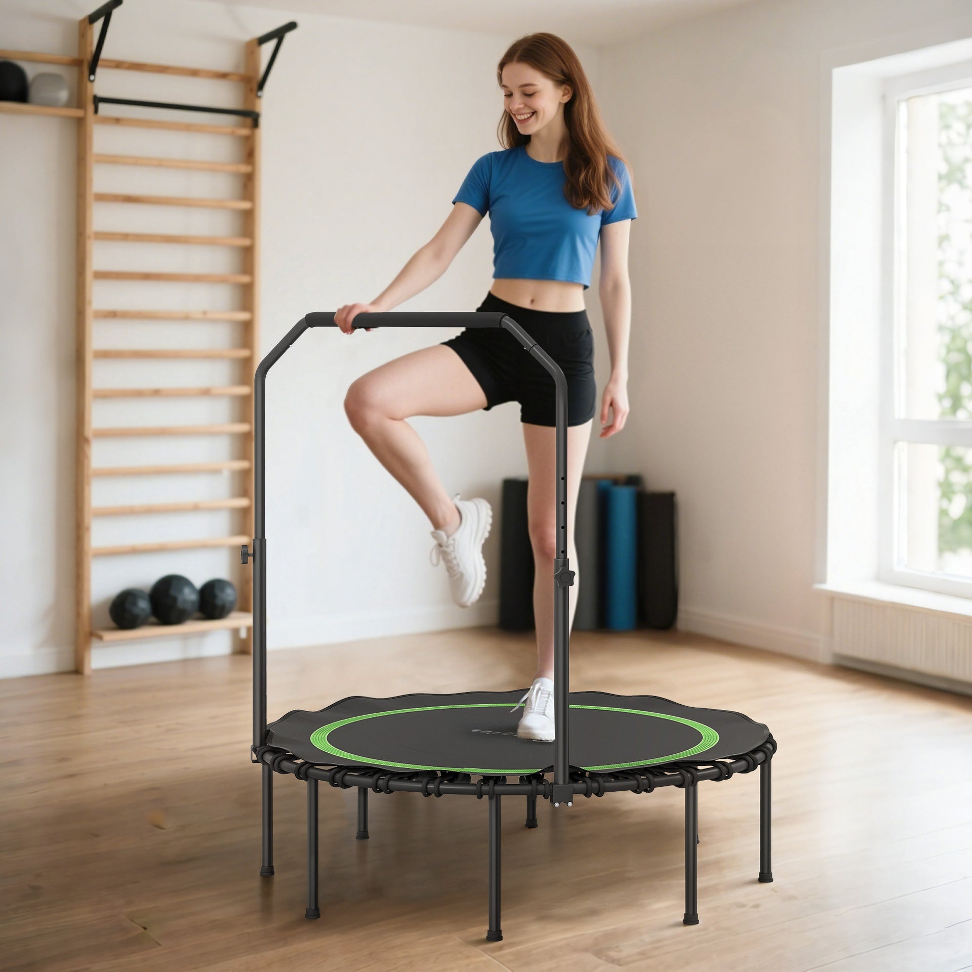 Soozier 45" Rebounder Trampoline for Adults, Foldable Mini Trampoline with Adjustable Handle Bar for Indoor Outdoor, Green