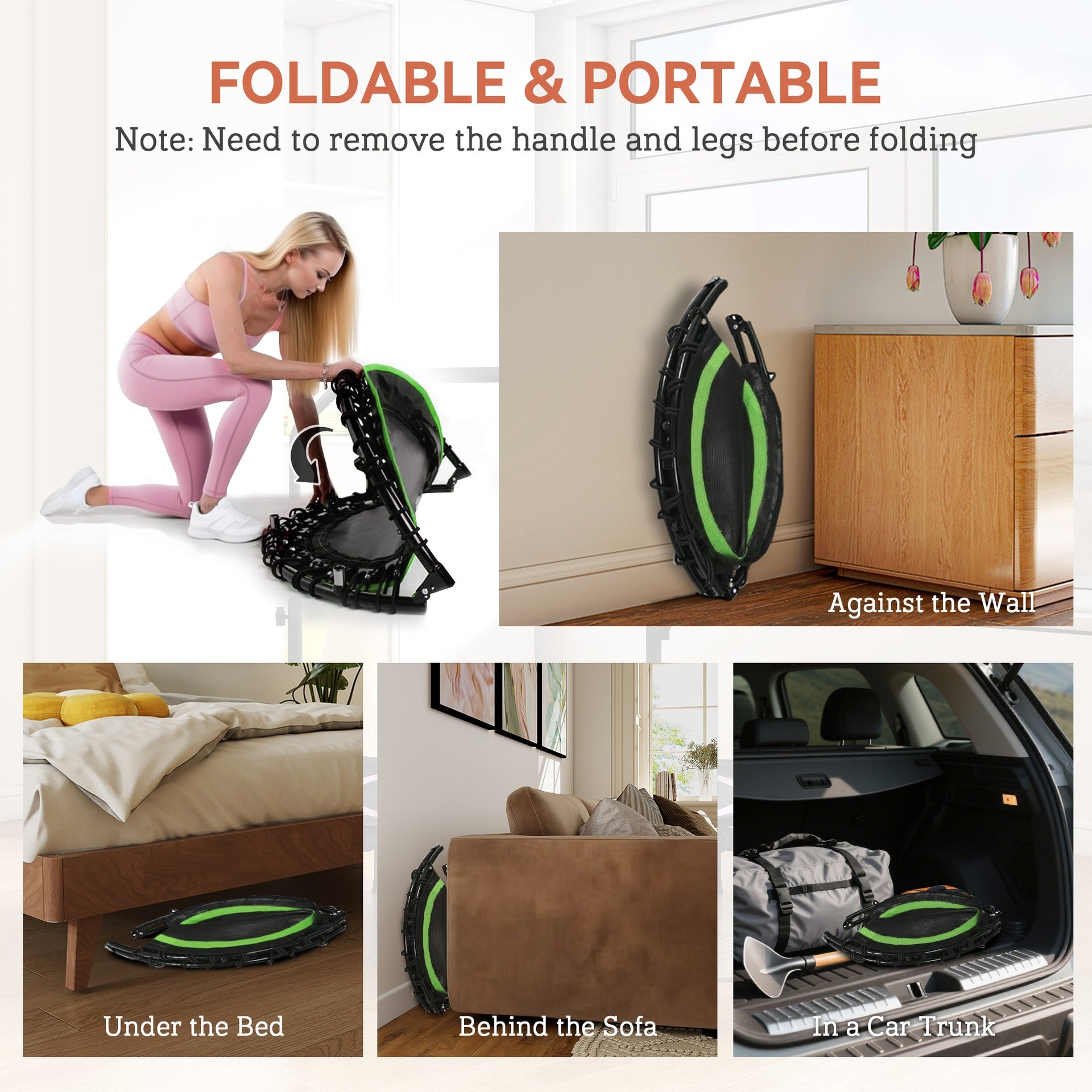 Soozier 45" Rebounder Trampoline for Adults, Foldable Mini Trampoline with Adjustable Handle Bar for Indoor Outdoor, Green