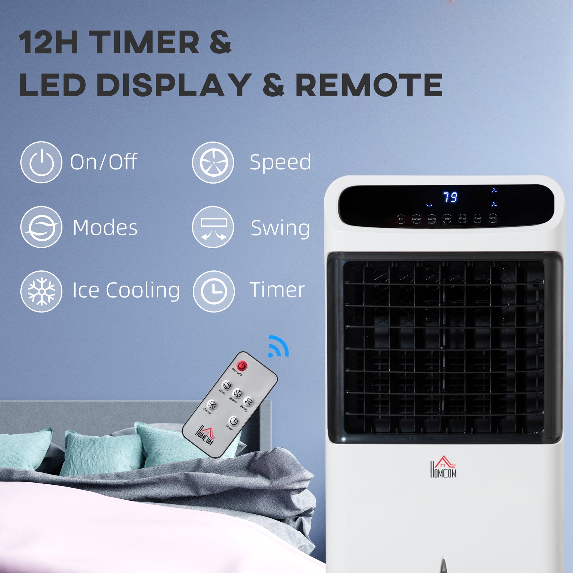 HOMCOM 3-In-1 Ice Cooling Fan, Mobile Evaporative Air Cooler with Remote, Timer, Oscillating for Home Office, Bedroom, White