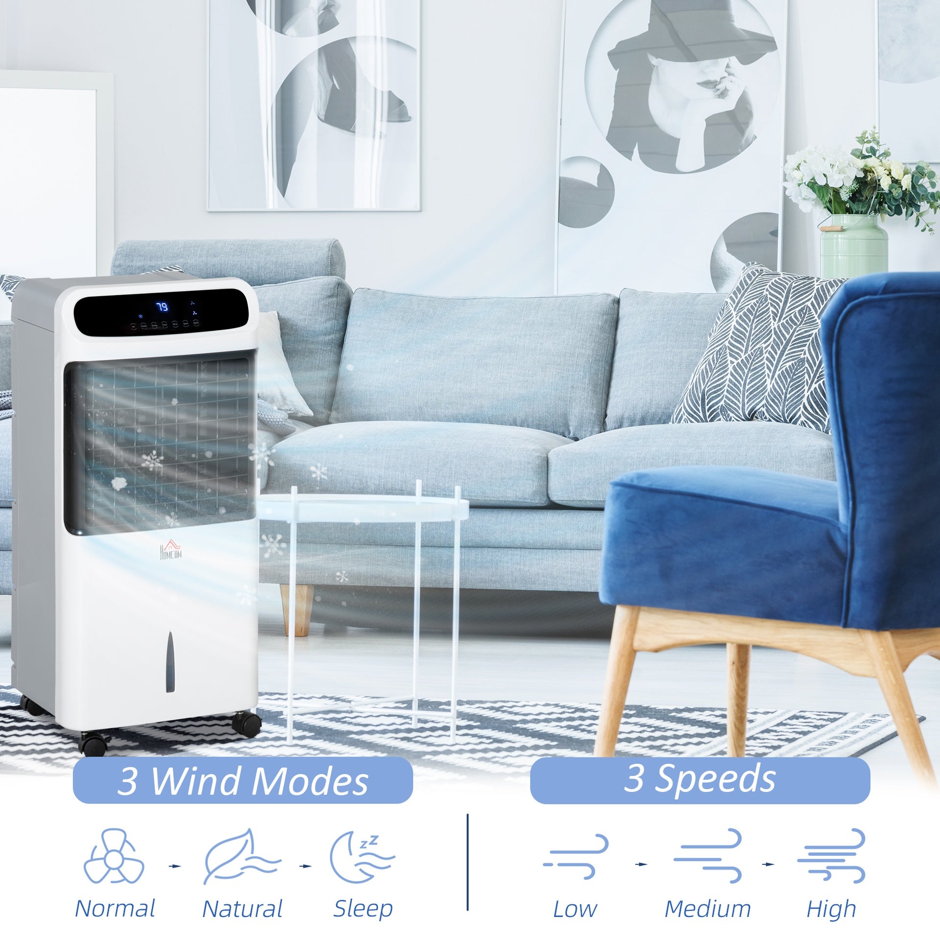 HOMCOM 3-In-1 Ice Cooling Fan, Mobile Evaporative Air Cooler with Remote, Timer, Oscillating for Home Office, Bedroom, White