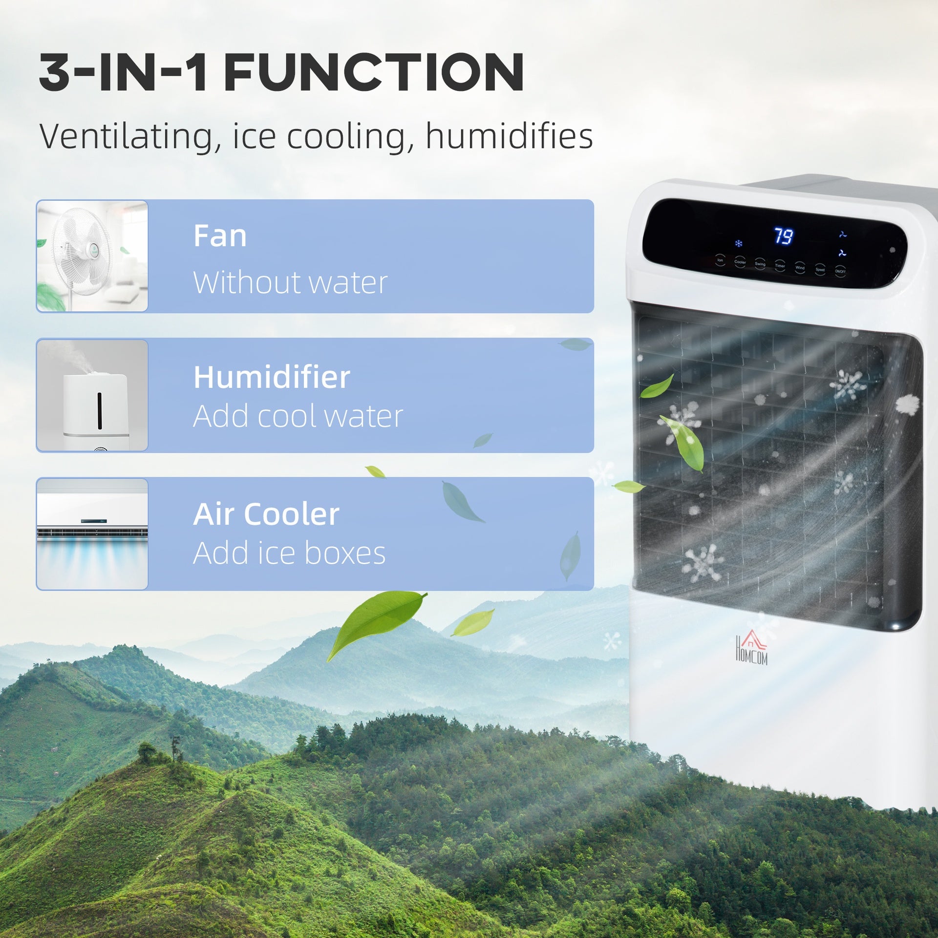 HOMCOM 3-In-1 Ice Cooling Fan, Mobile Evaporative Air Cooler with Remote, Timer, Oscillating for Home Office, Bedroom, White