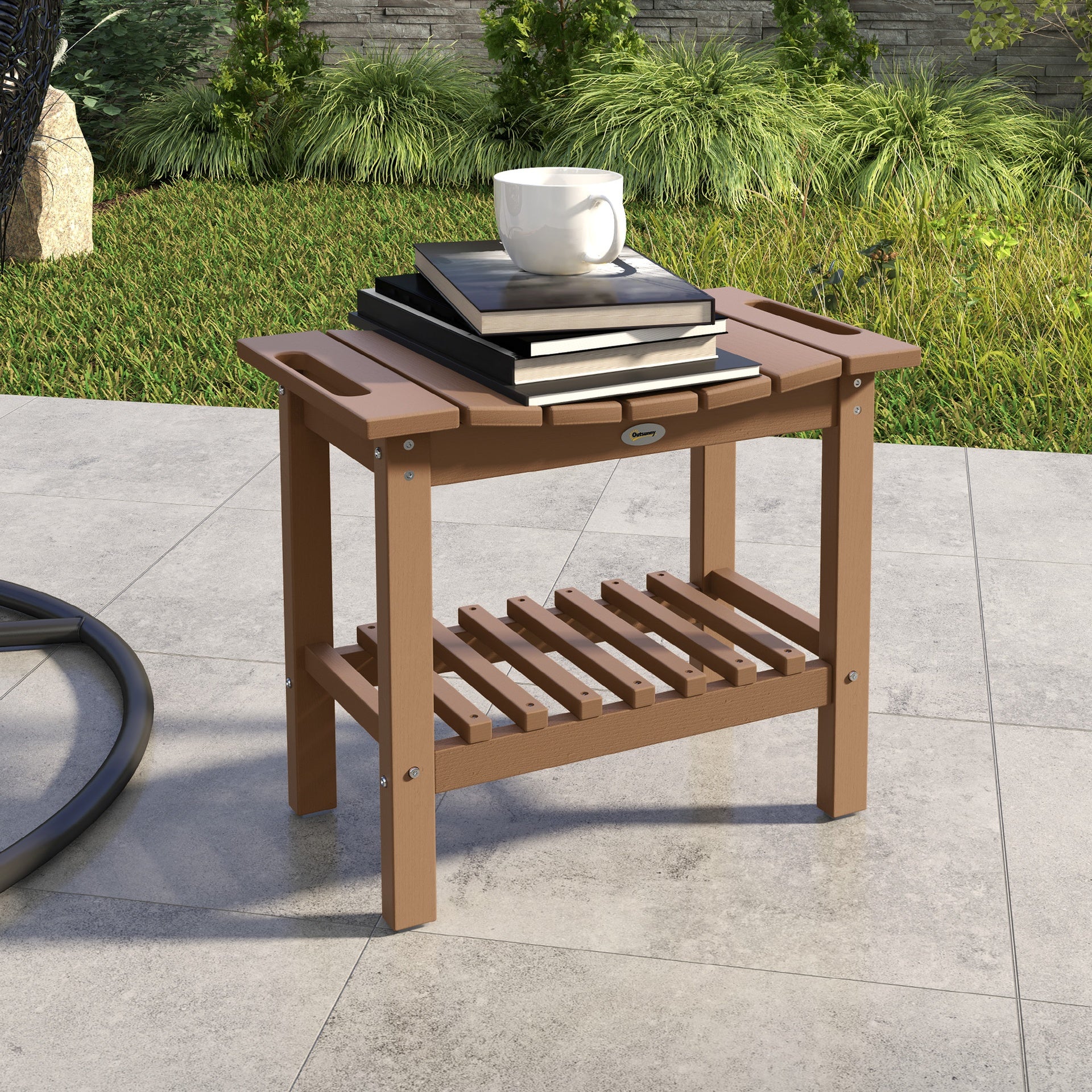 Outsunny HDPE Shower Bench, Waterproof Shower Stool with Handle, Storage Shelf, Non-Slip Pads for Indoor Outdoor, Brown