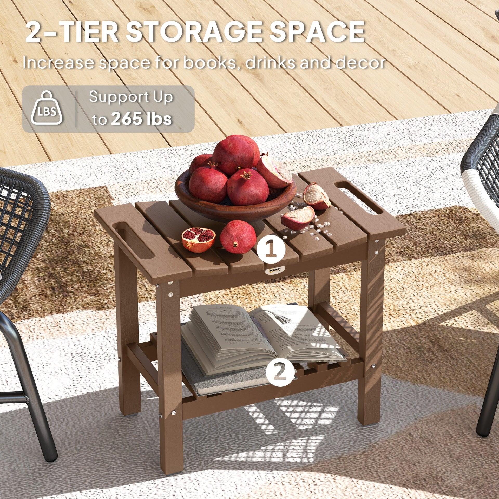 Outsunny HDPE Shower Bench, Waterproof Shower Stool with Handle, Storage Shelf, Non-Slip Pads for Indoor Outdoor, Brown