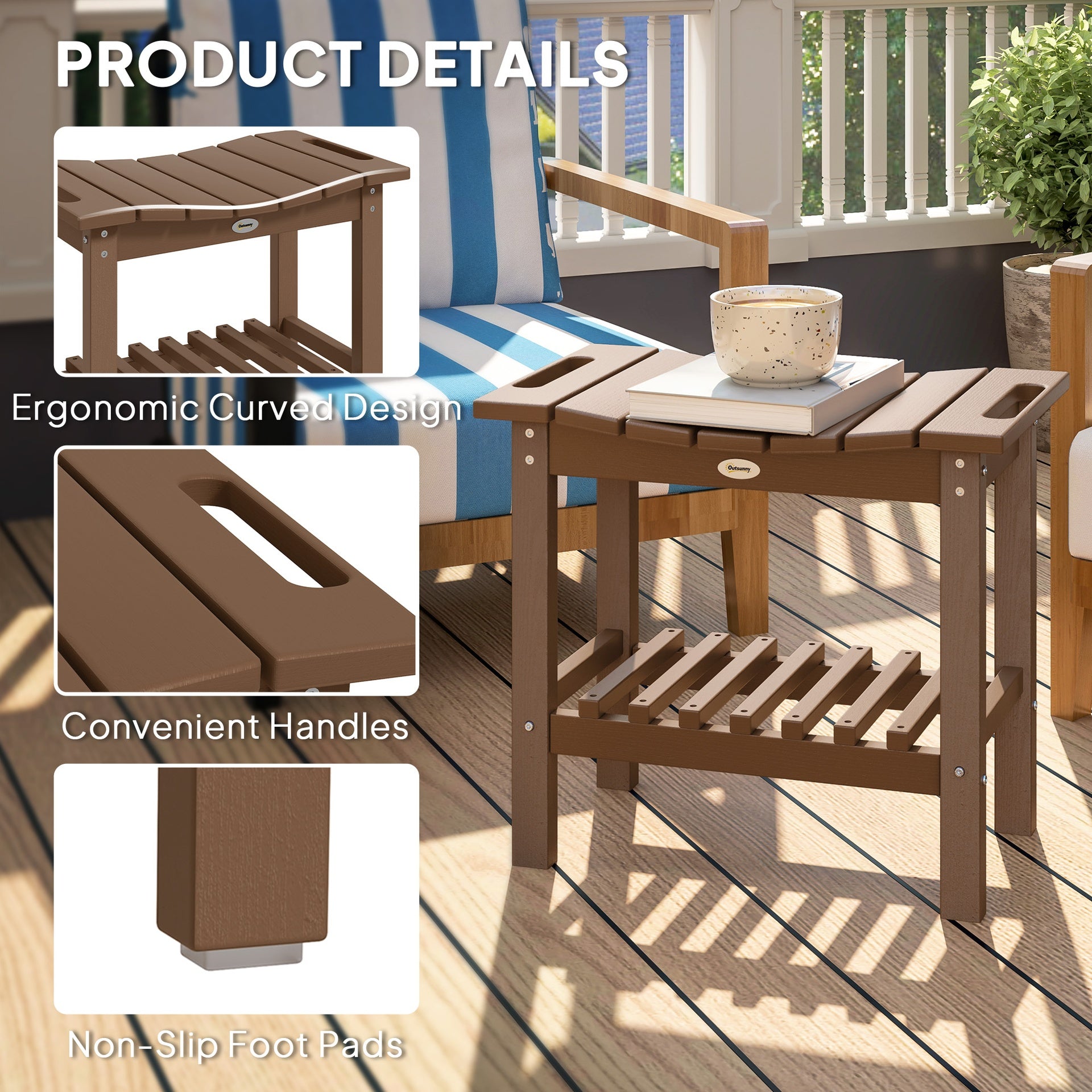 Outsunny HDPE Shower Bench, Waterproof Shower Stool with Handle, Storage Shelf, Non-Slip Pads for Indoor Outdoor, Brown