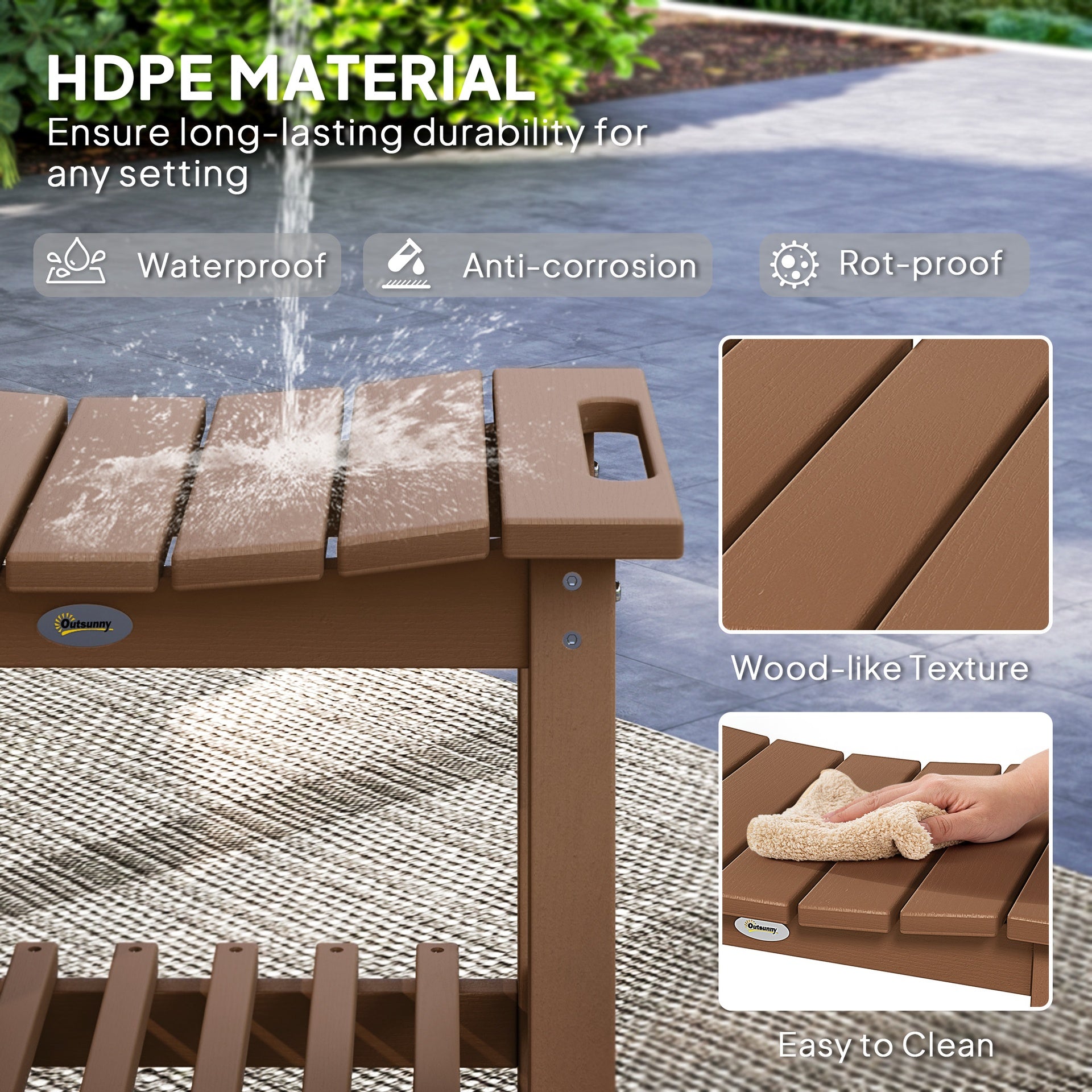 Outsunny HDPE Shower Bench, Waterproof Shower Stool with Handle, Storage Shelf, Non-Slip Pads for Indoor Outdoor, Brown