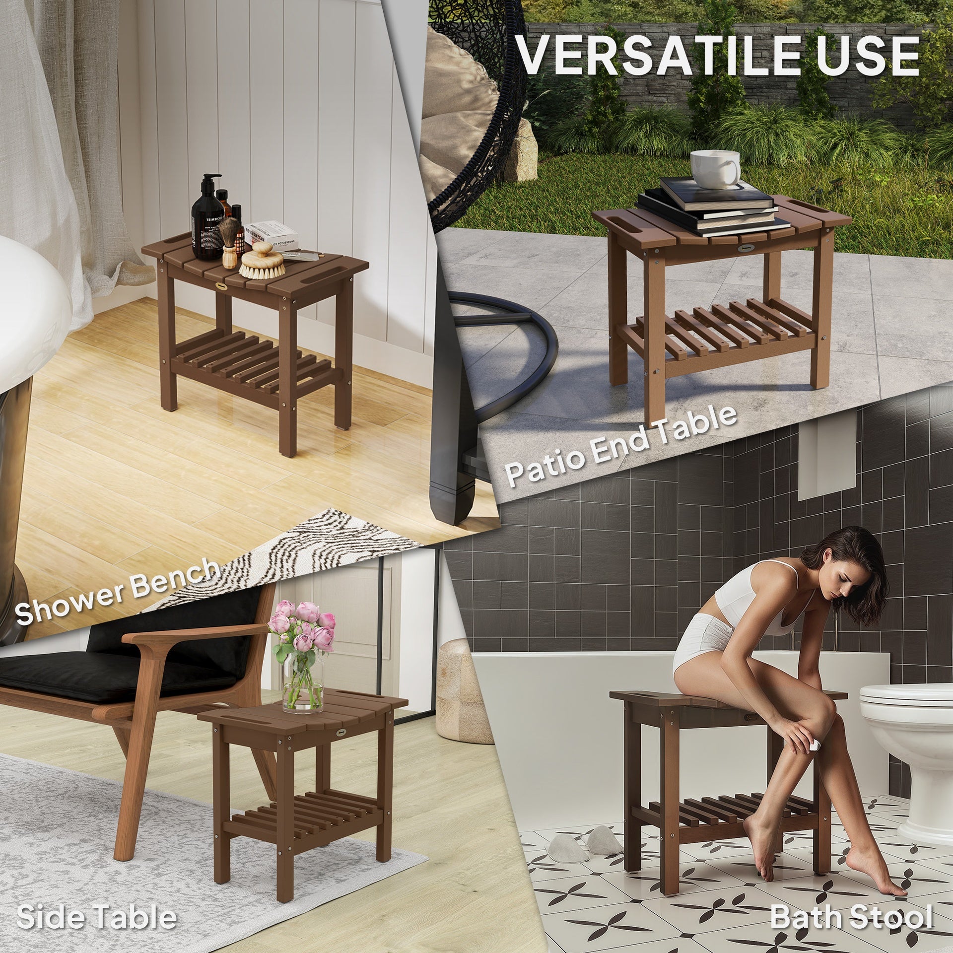 Outsunny HDPE Shower Bench, Waterproof Shower Stool with Handle, Storage Shelf, Non-Slip Pads for Indoor Outdoor, Brown