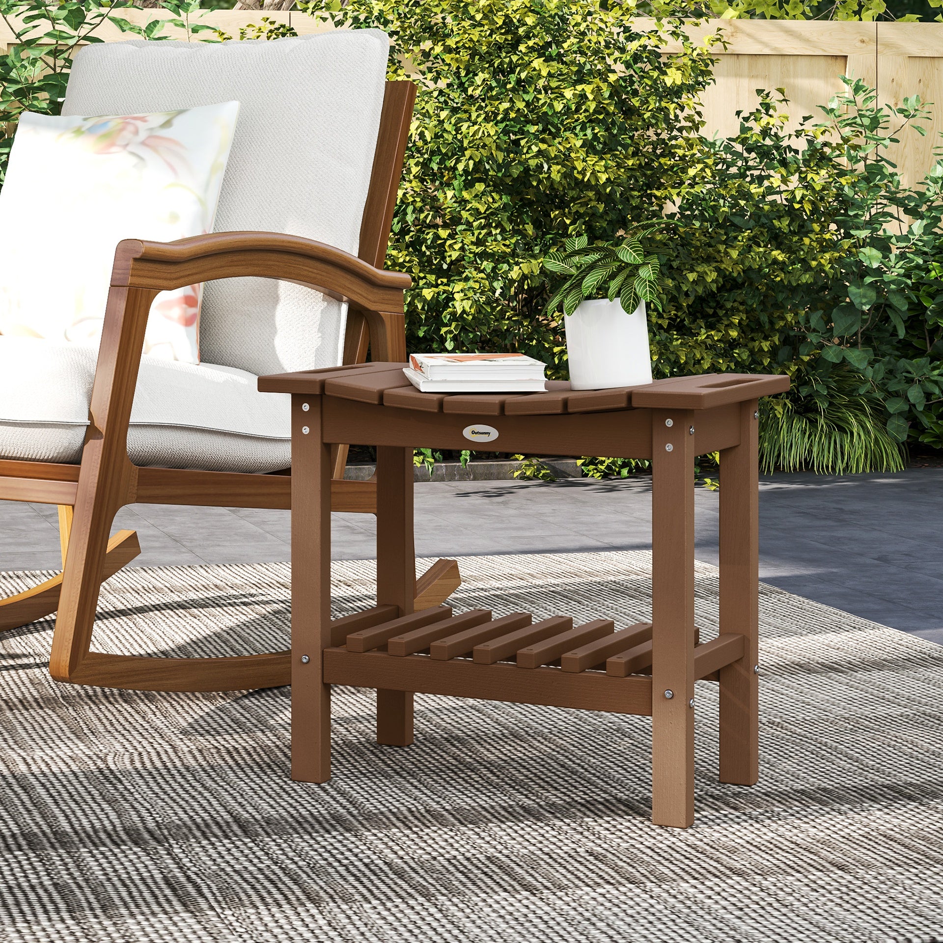 Outsunny HDPE Shower Bench, Waterproof Shower Stool with Handle, Storage Shelf, Non-Slip Pads for Indoor Outdoor, Brown