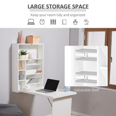 HOMCOM Wall Mounted Fold Out Convertible Desk, Multi-Function Floating Desk with Storage Shelf for Home Office, White