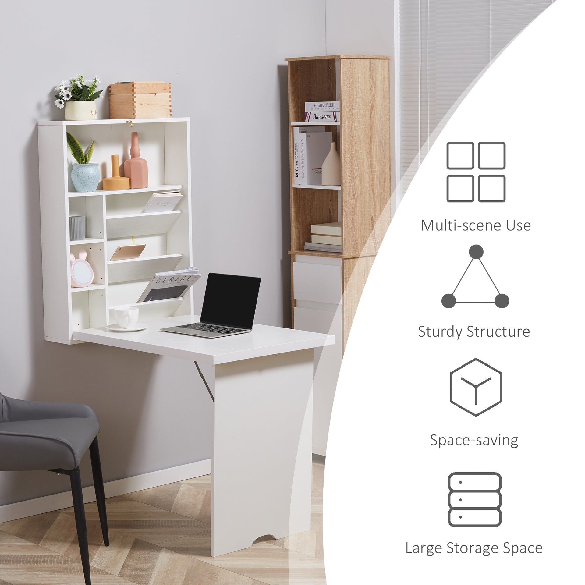 HOMCOM Wall Mounted Fold Out Convertible Desk, Multi-Function Floating Desk with Storage Shelf for Home Office, White