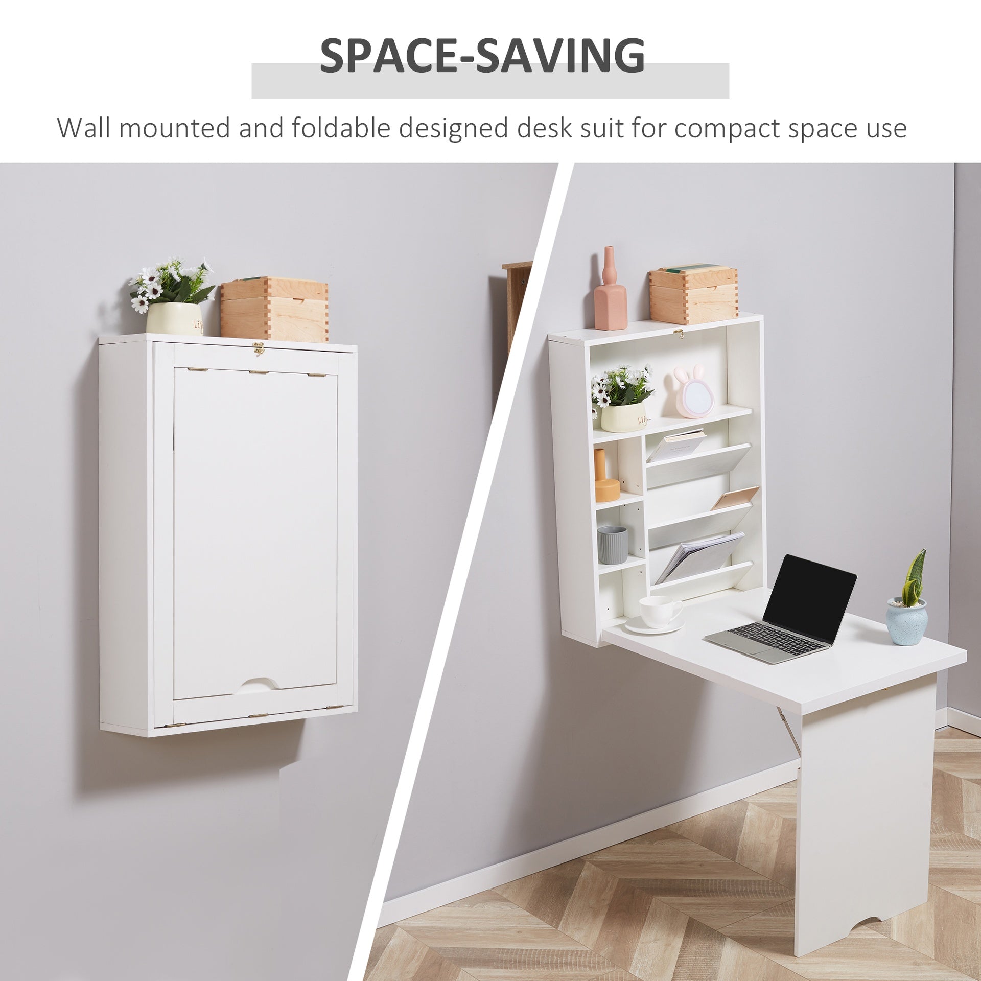 HOMCOM Wall Mounted Fold Out Convertible Desk, Multi-Function Floating Desk with Storage Shelf for Home Office, White