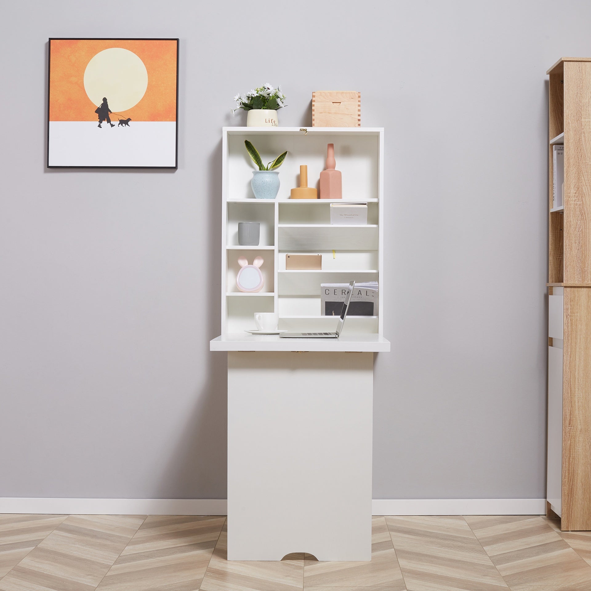 HOMCOM Wall Mounted Fold Out Convertible Desk, Multi-Function Floating Desk with Storage Shelf for Home Office, White