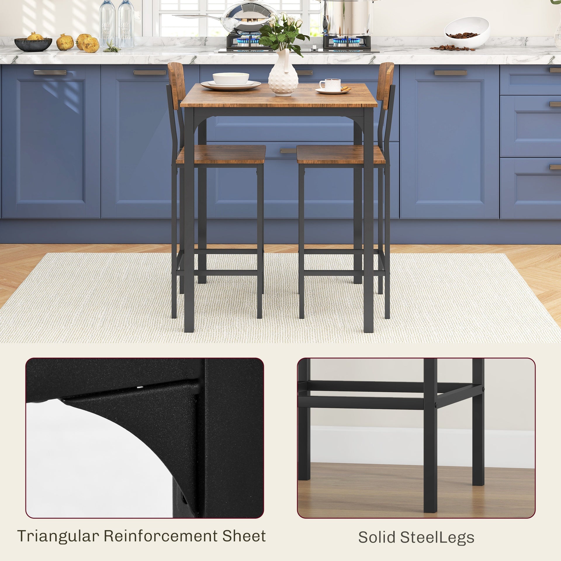HOMCOM 3 Piece Pub Table and Chairs, Small Kitchen Table and Chairs, Square Dining Table with 2 Stools, Walnut and Black