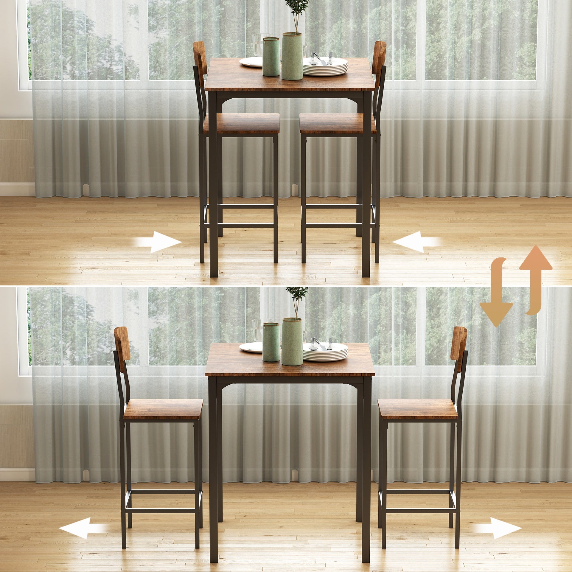 HOMCOM 3 Piece Pub Table and Chairs, Small Kitchen Table and Chairs, Square Dining Table with 2 Stools, Walnut and Black