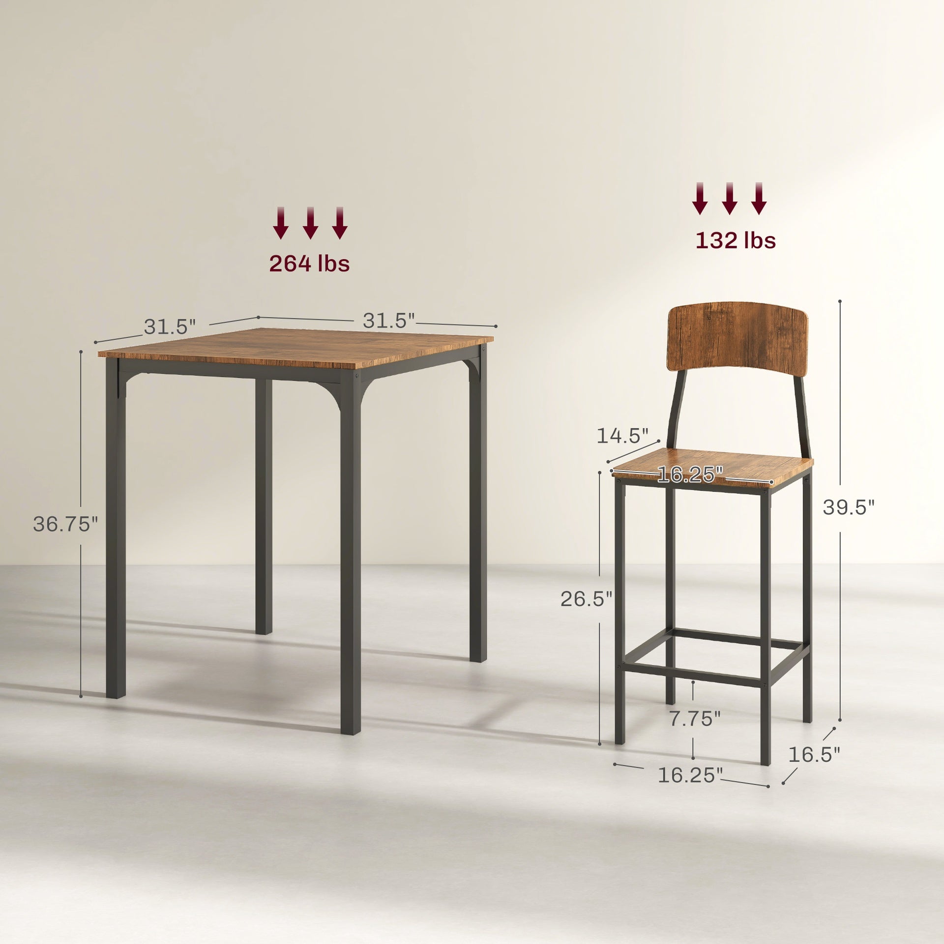 HOMCOM 3 Piece Pub Table and Chairs, Small Kitchen Table and Chairs, Square Dining Table with 2 Stools, Walnut and Black
