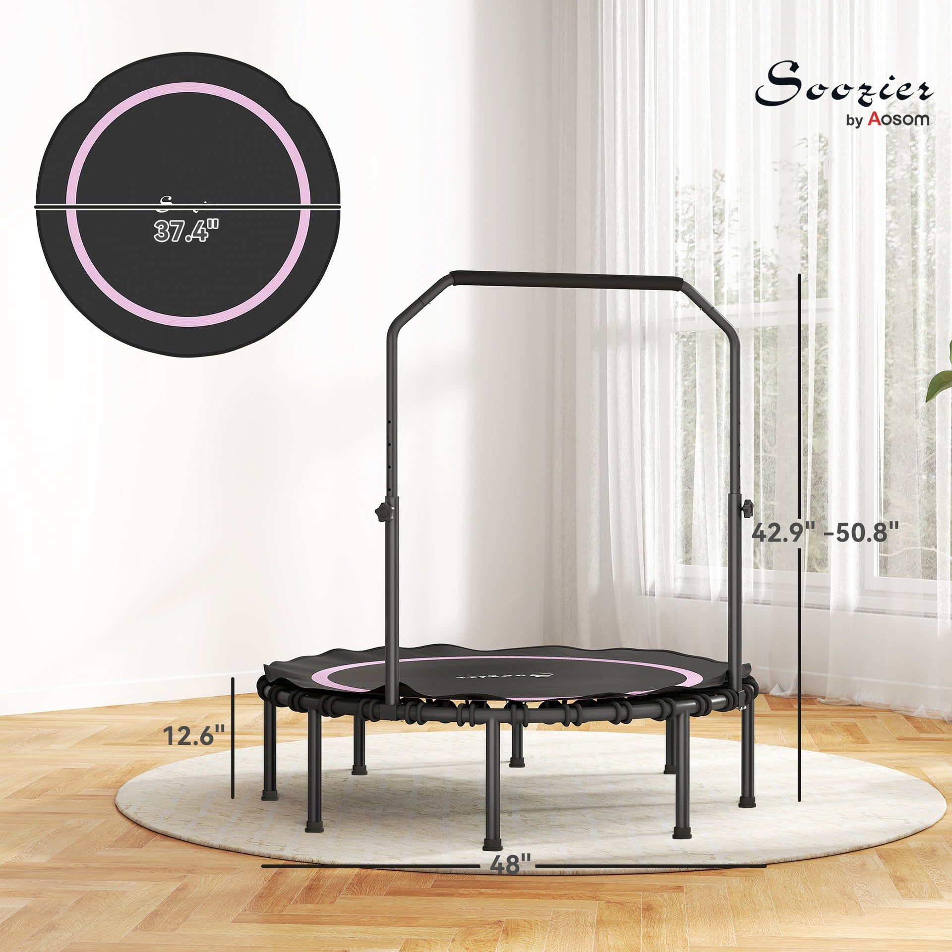 Soozier 48" Rebounder Trampoline for Adults, Foldable Mini Trampoline with Adjustable Handle Bar for Indoor Outdoor, Pink