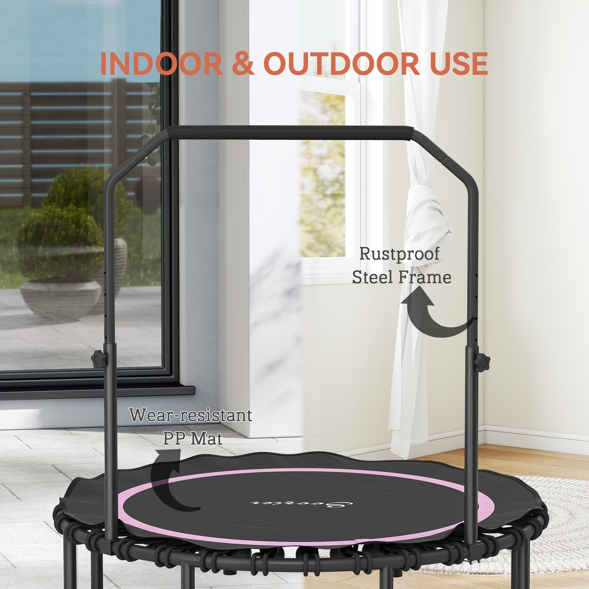 Soozier 48" Rebounder Trampoline for Adults, Foldable Mini Trampoline with Adjustable Handle Bar for Indoor Outdoor, Pink