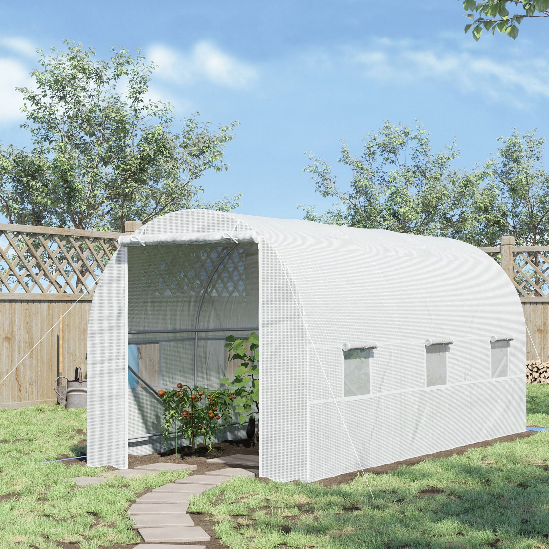 Outsunny 15' x 7' x 7' Walk-In Tunnel Greenhouse, Large Garden Hot House Kit with 6 Roll-up Windows & Roll Up Door, Steel Frame, White