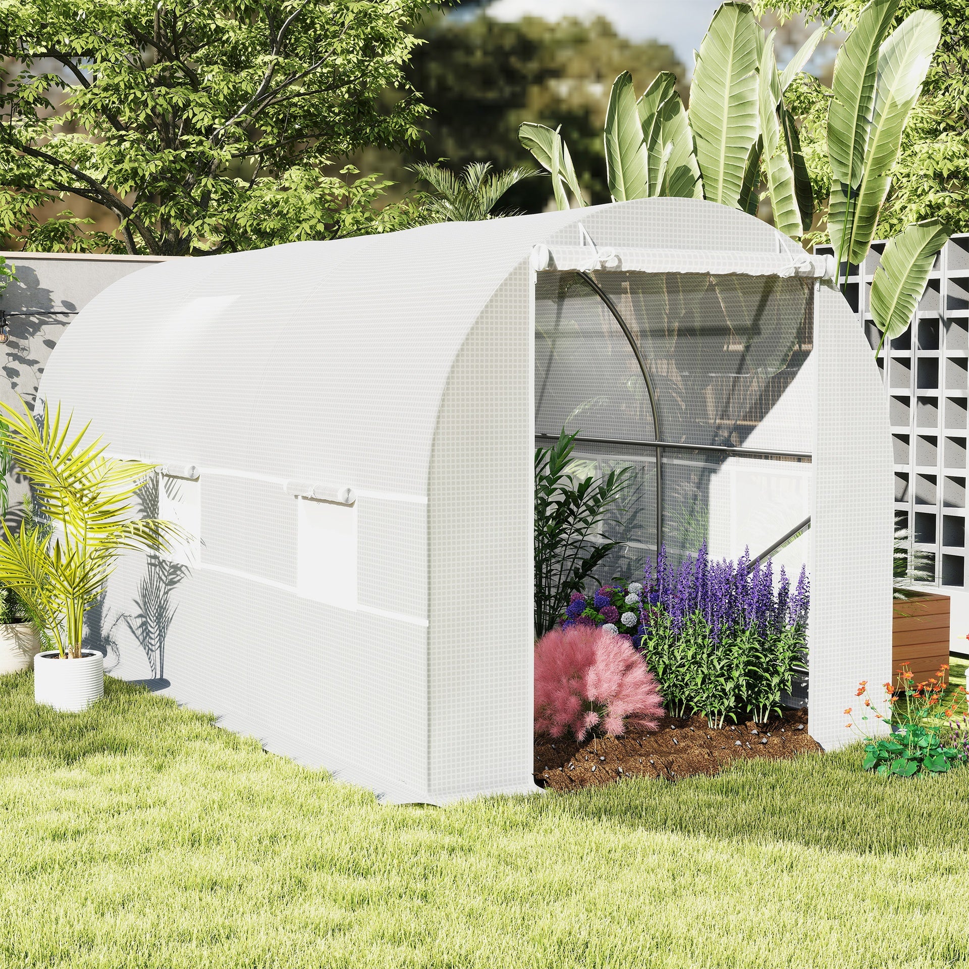 Outsunny 15' x 7' x 7' Walk-In Tunnel Greenhouse, Large Garden Hot House Kit with 6 Roll-up Windows & Roll Up Door, Steel Frame, White